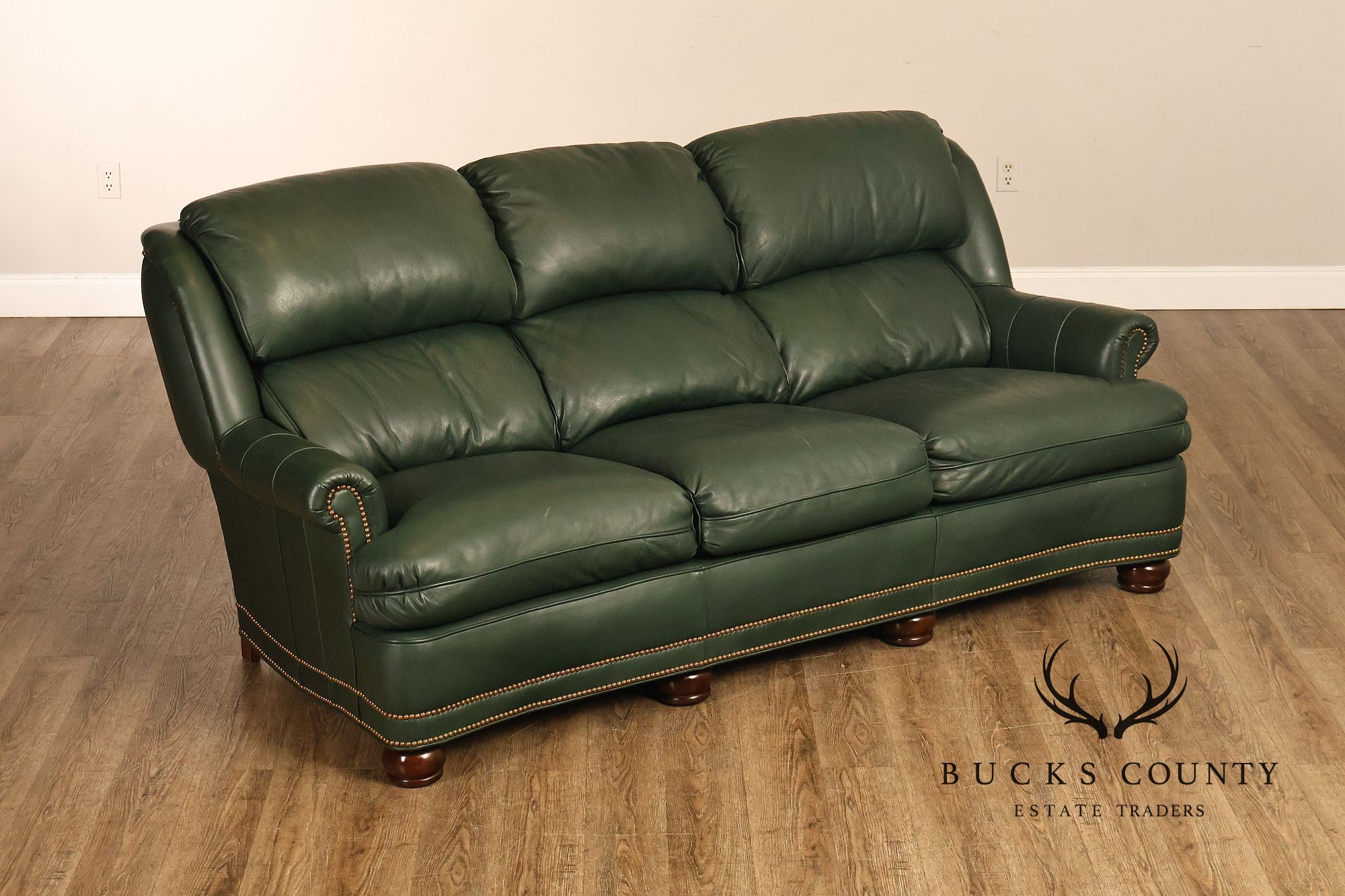 Hancock & Moore Green Leather Nailhead Trim Sofa