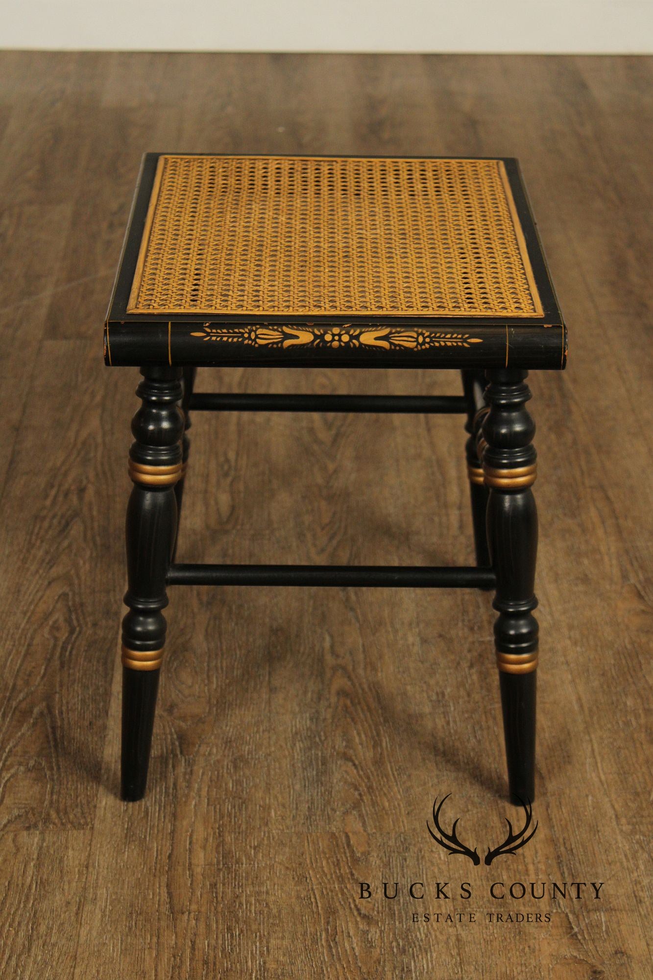 Pair Of L. Hitchcock Black And Gold Hand Stenciled Caned Benches