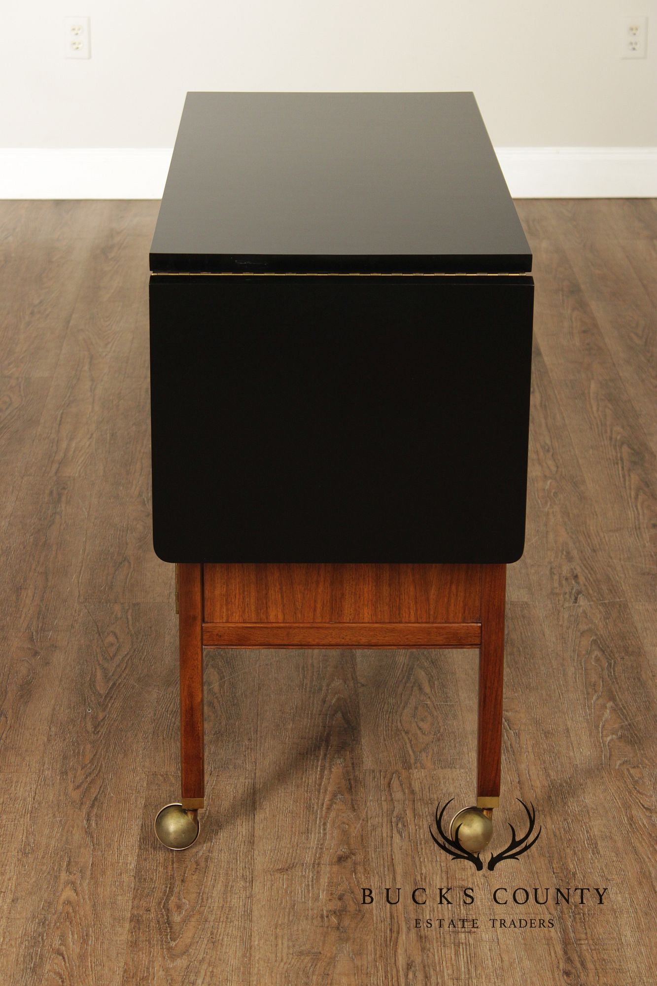 American Of Martinsville Mid Century Walnut And Rosewood Drop Leaf Bar Cart