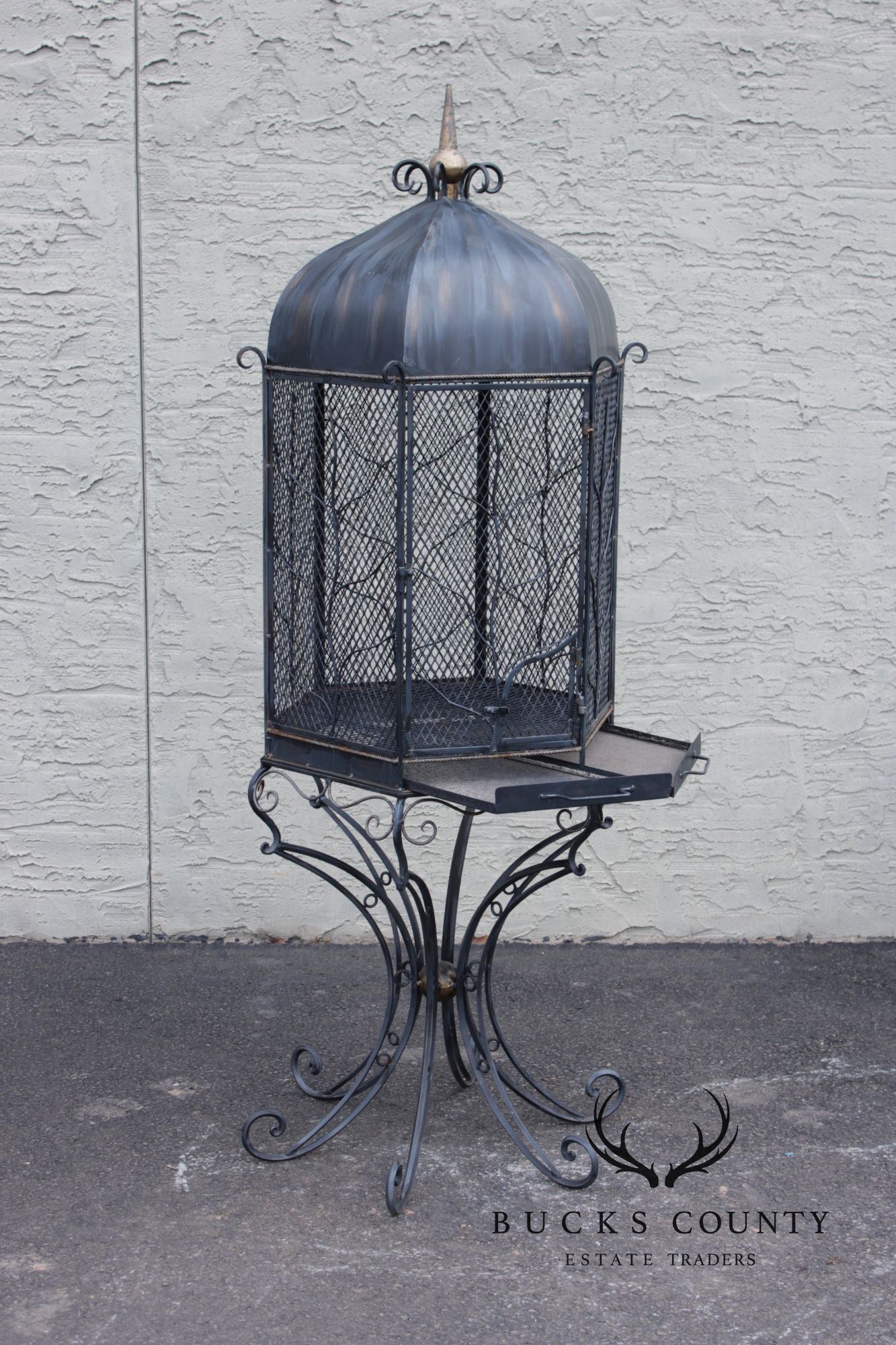 Vintage Wrought Iron Garden Bird Cage On Stand