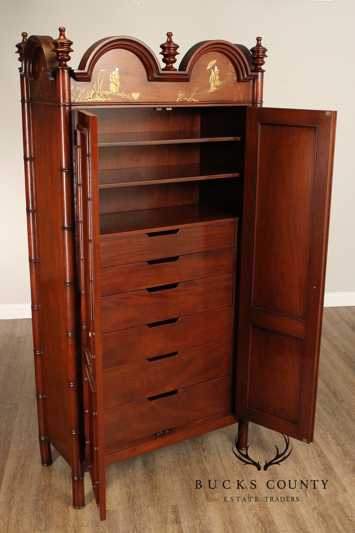 Chinoiserie Style Mahogany Gentleman's Armoire With Faux Bamboo Moldings and Painted Panels