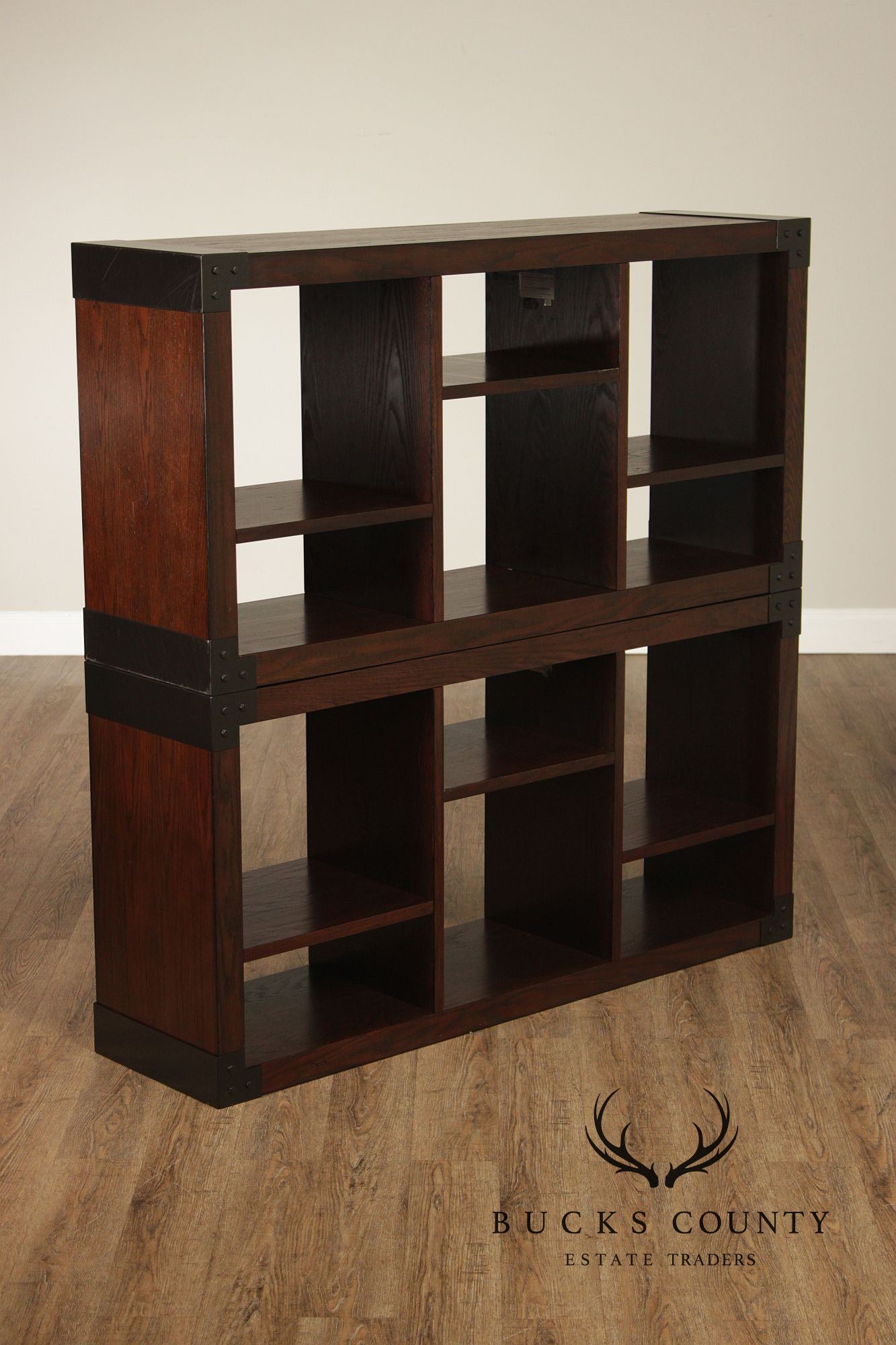 Contemporary Pair Of Open Display Bookcases In Dark Wood