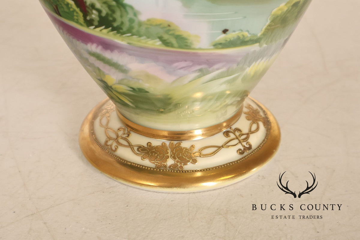 Antique Hand Painted Nippon Porcelain Twin Handle Landscape Urn With Gilt Decoration
