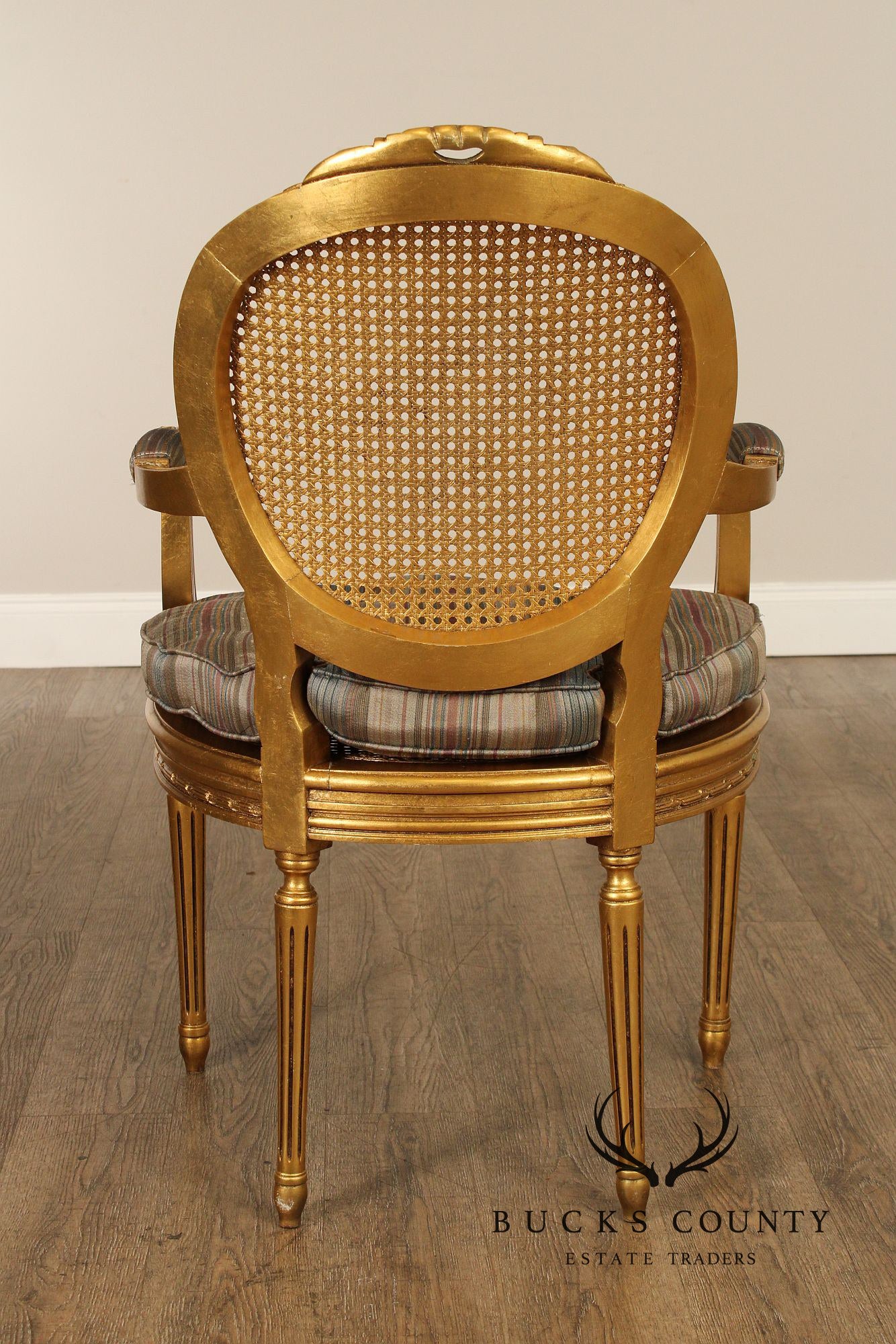 Decorative Crafts, Inc. Pair of French Louis XVI Style Caned Giltwood Fauteuil Armchairs