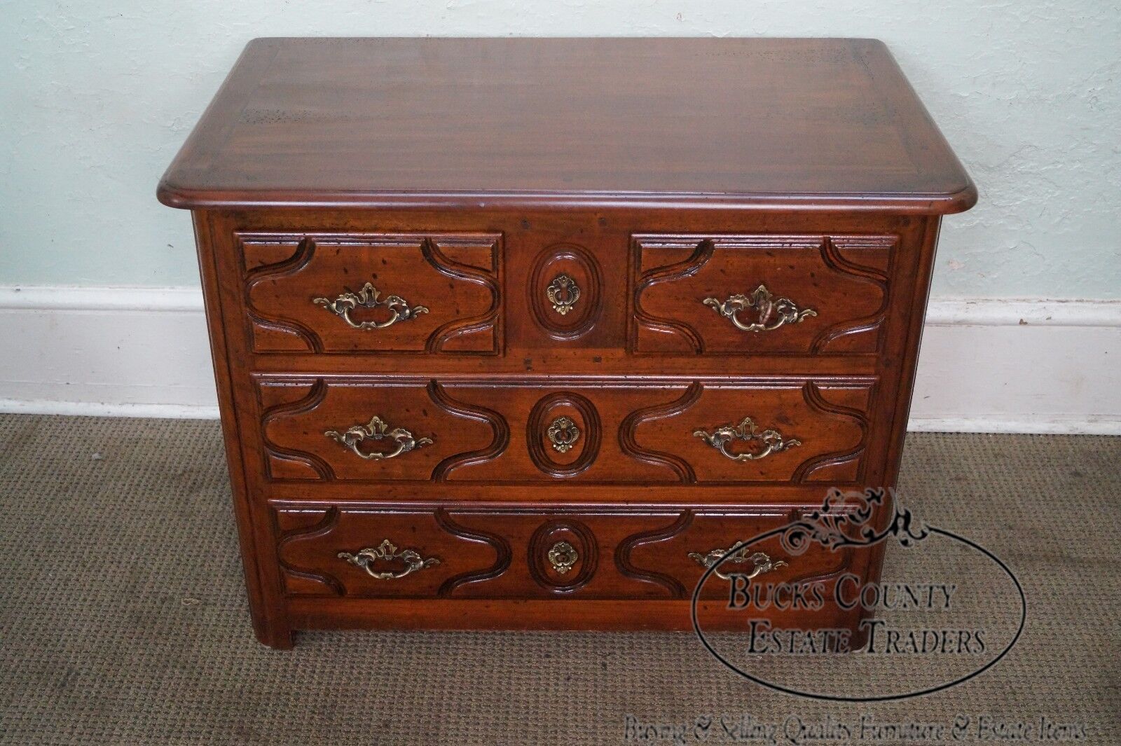 Custom Quality French Louis XV Style Walnut 3 Drawer Chest Commode