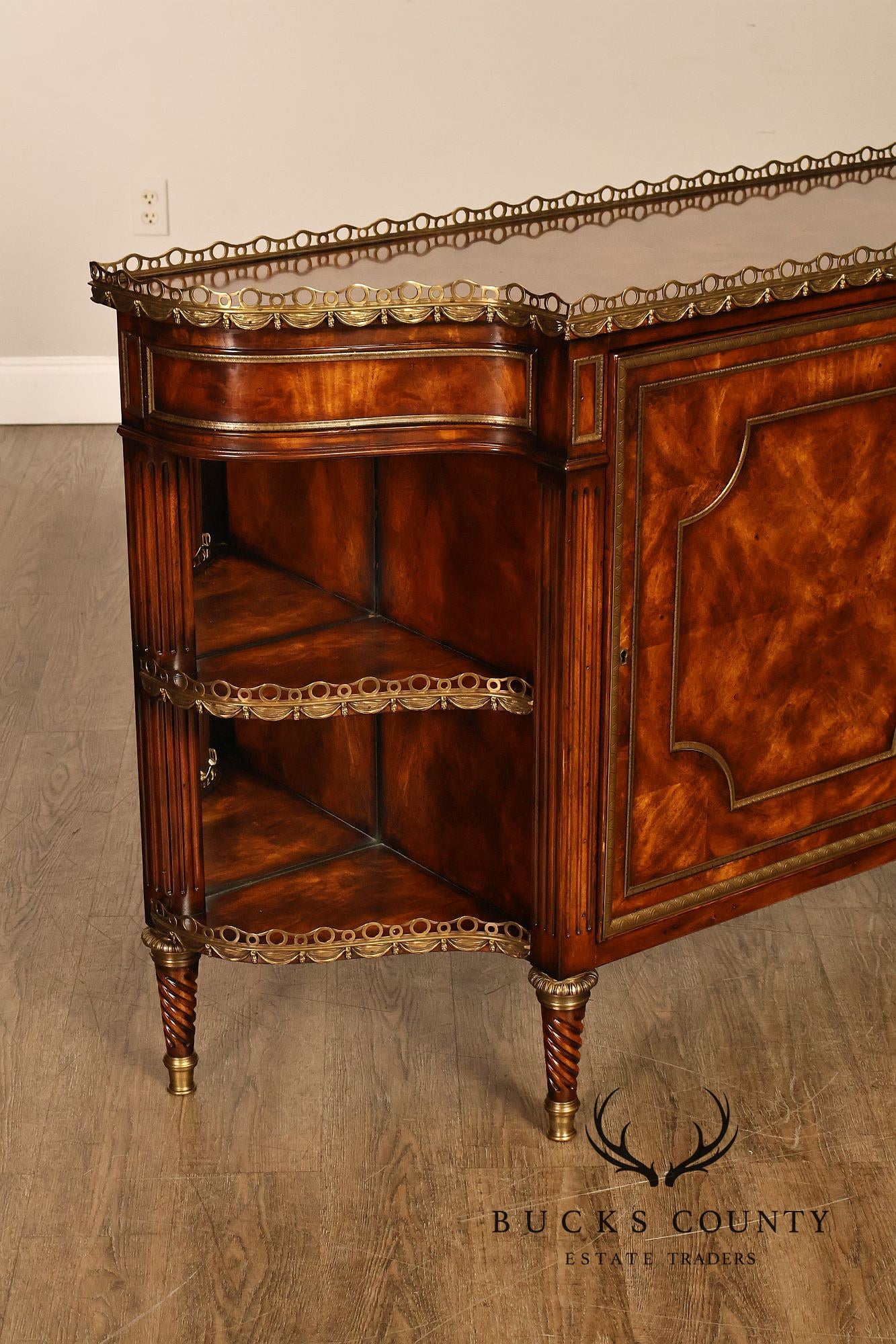 Theodore Alexander French Louis XVI Style Burl Wood Brass Mounted Gallery Top Pair Of Side Cabinets