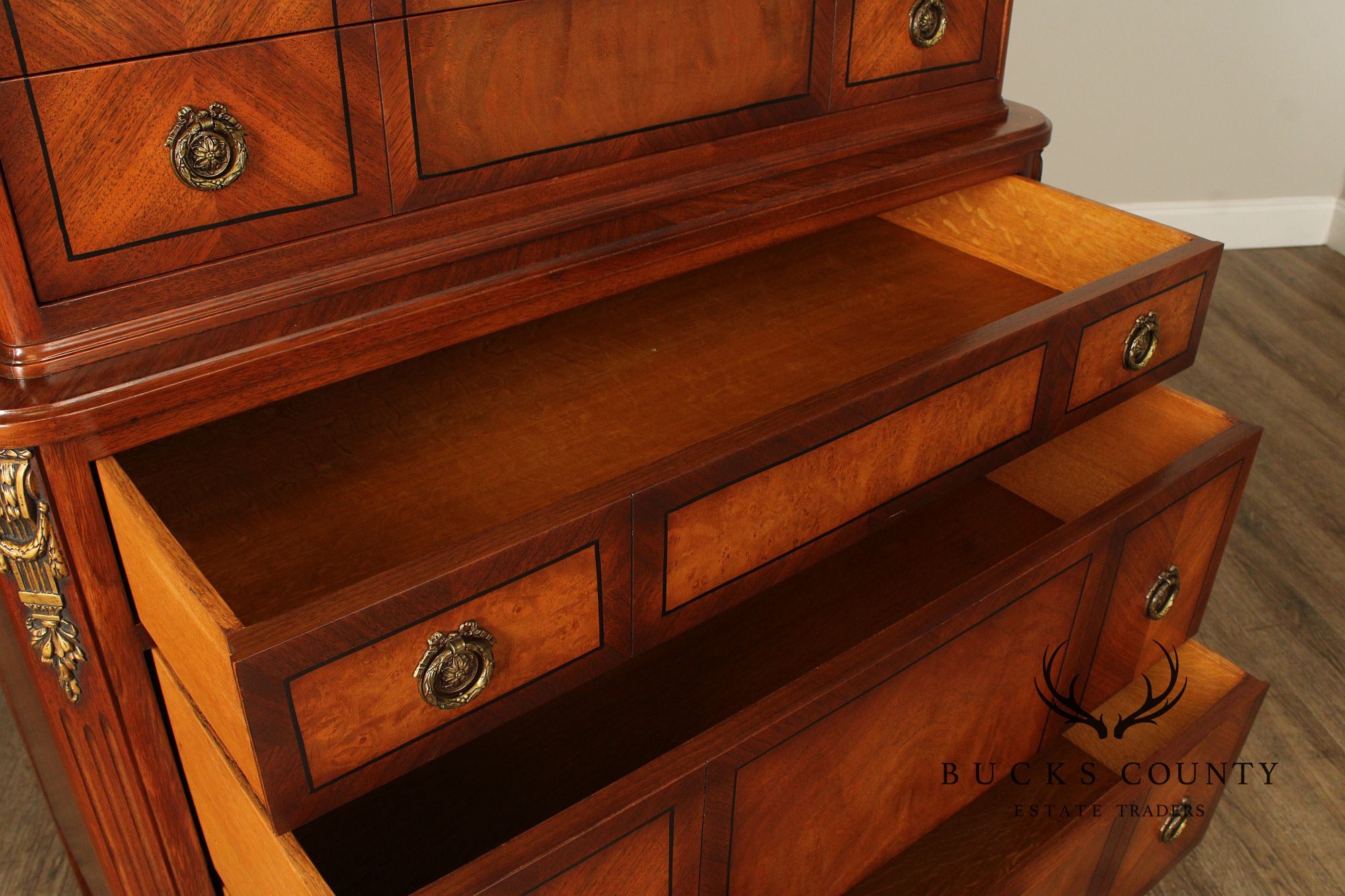 Tobey Furniture Co. French Louis XVI Style Burl 1930's Walnut Chest on Chest