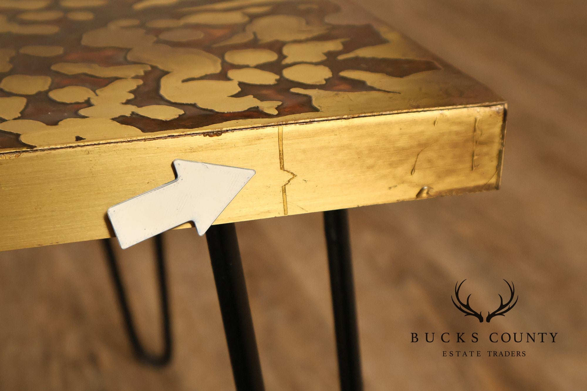 Mid Century Modern Acid Etched Brass Top Coffee Table With Hairpin Legs