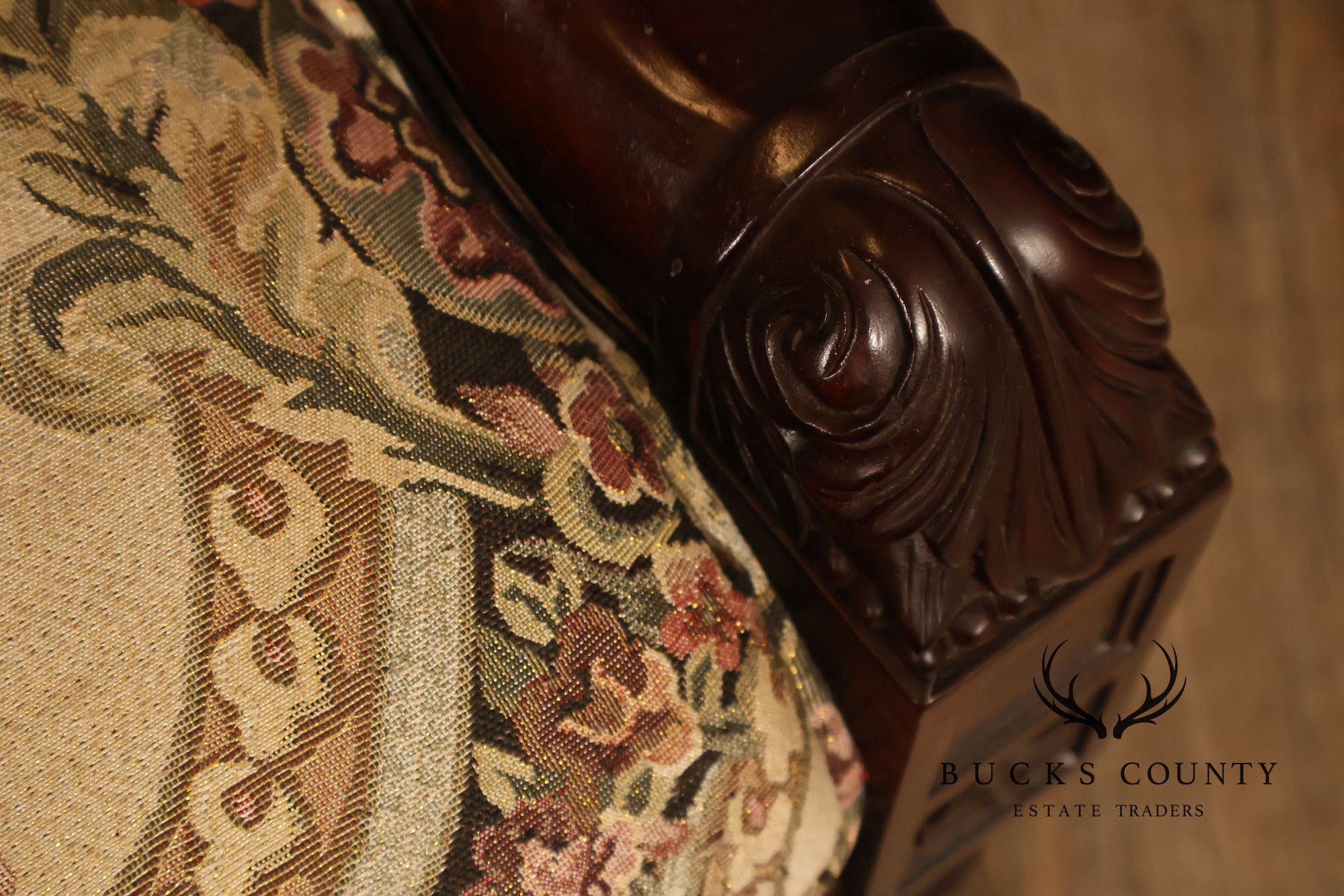 Pair Of Carved Mahogany Ram’s Head Upholstered Armchairs