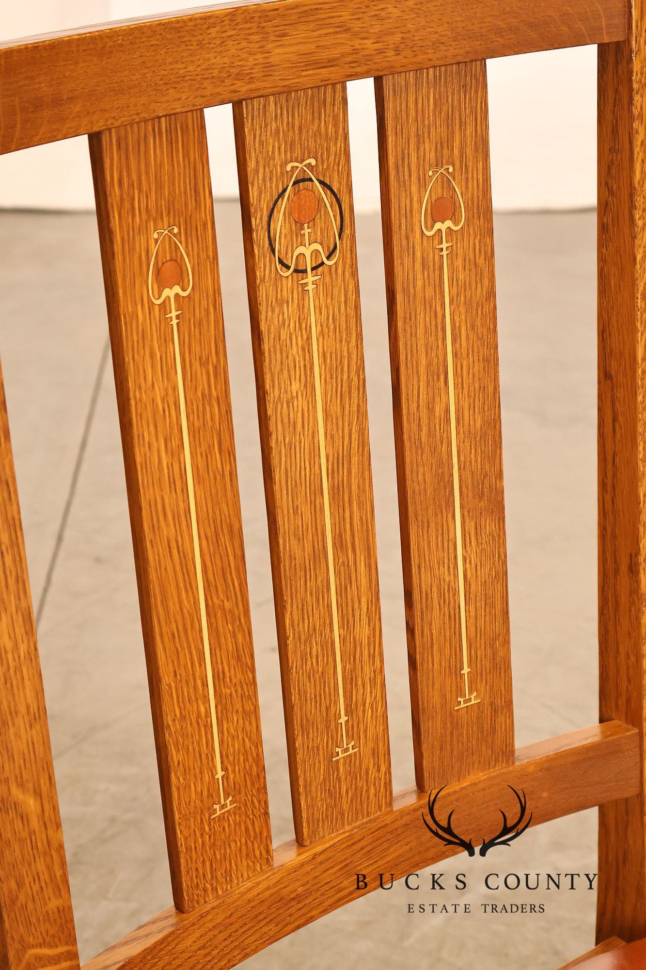 Stickley Harvey Ellis Set of Four Inlaid Oak and Leather Dining Chairs