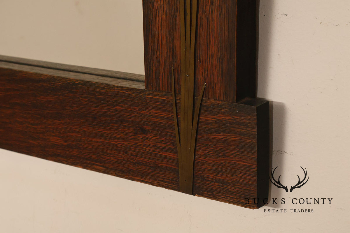 Arts And Crafts Mission Oak Mirror With Brass Cattail Decorative Mounts