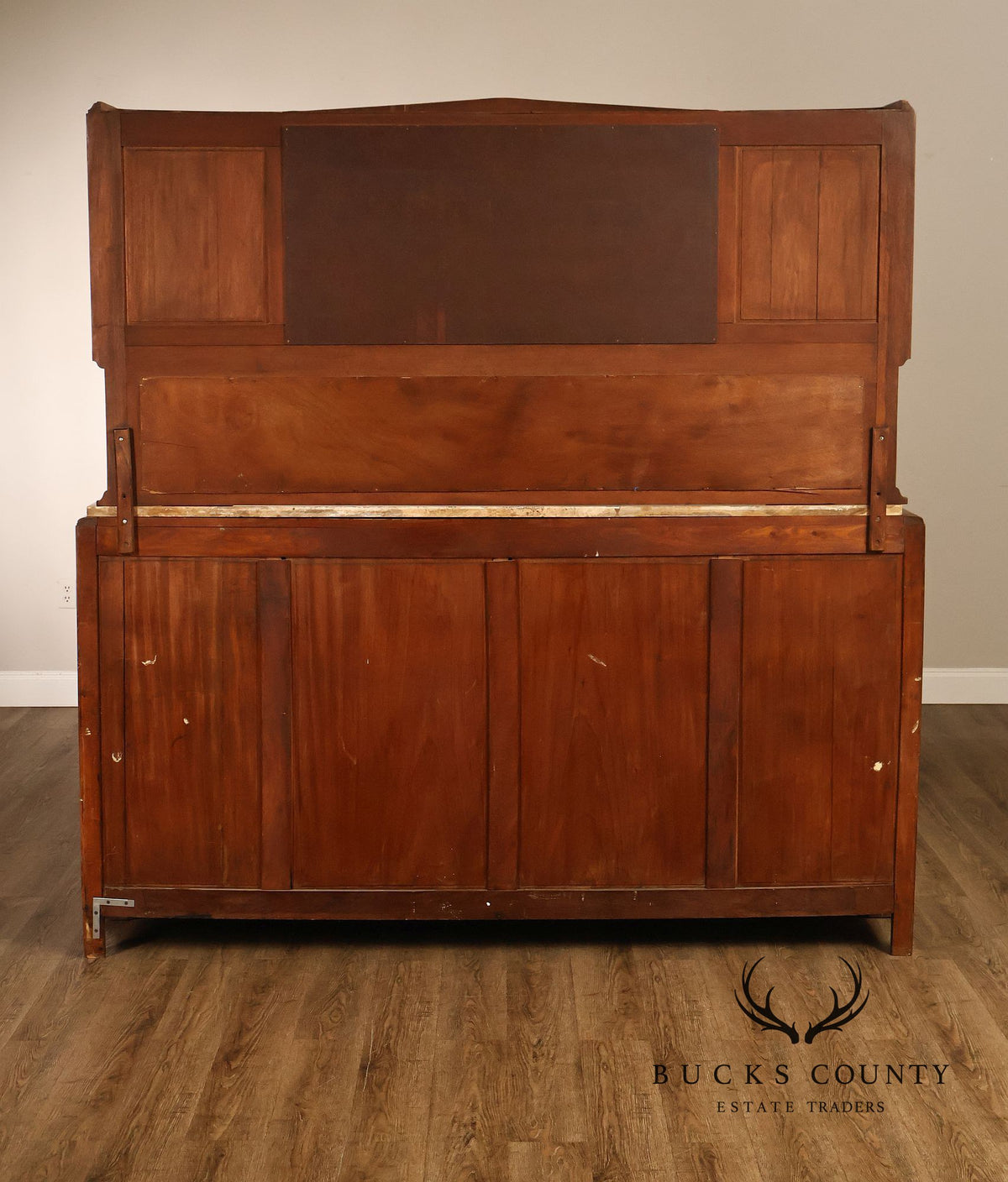 Antique European Art Deco Burl Walnut Marble Top Buffet With Art Nouveau Influence