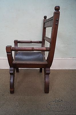 Unusual Antique Aesthetic Walnut Leather Seat X Frame Arm Chair