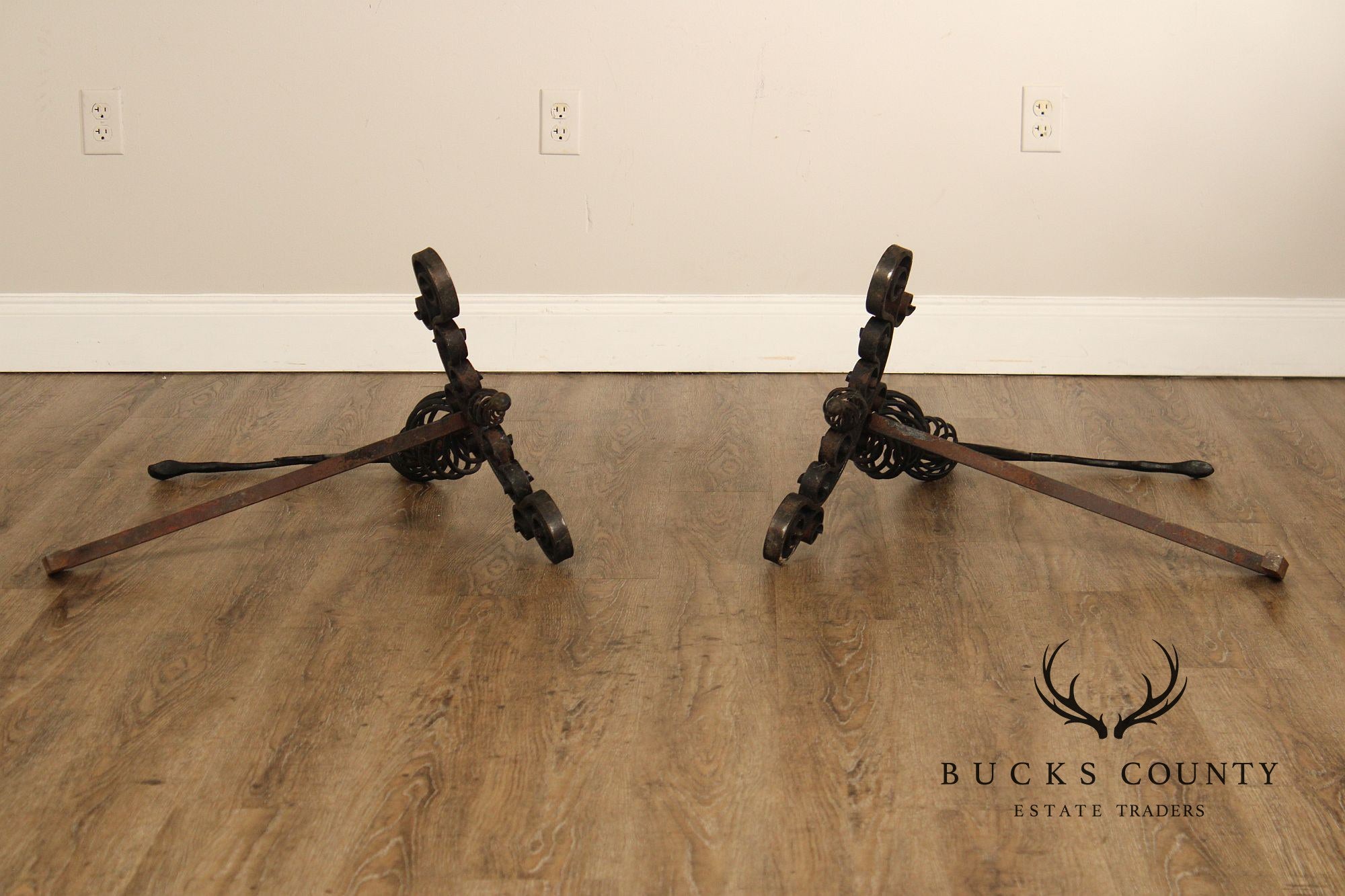 Arts & Crafts Pair of Scrolling Wrought Iron Andirons