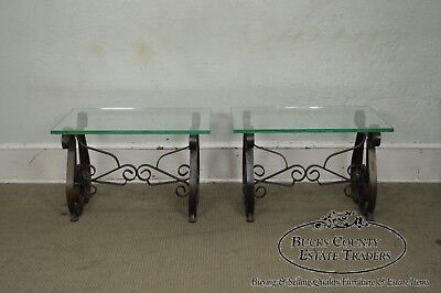 Hollywood Regency Pair Mid-Century Scrolled Iron Lyre Base Glass Top SideTable