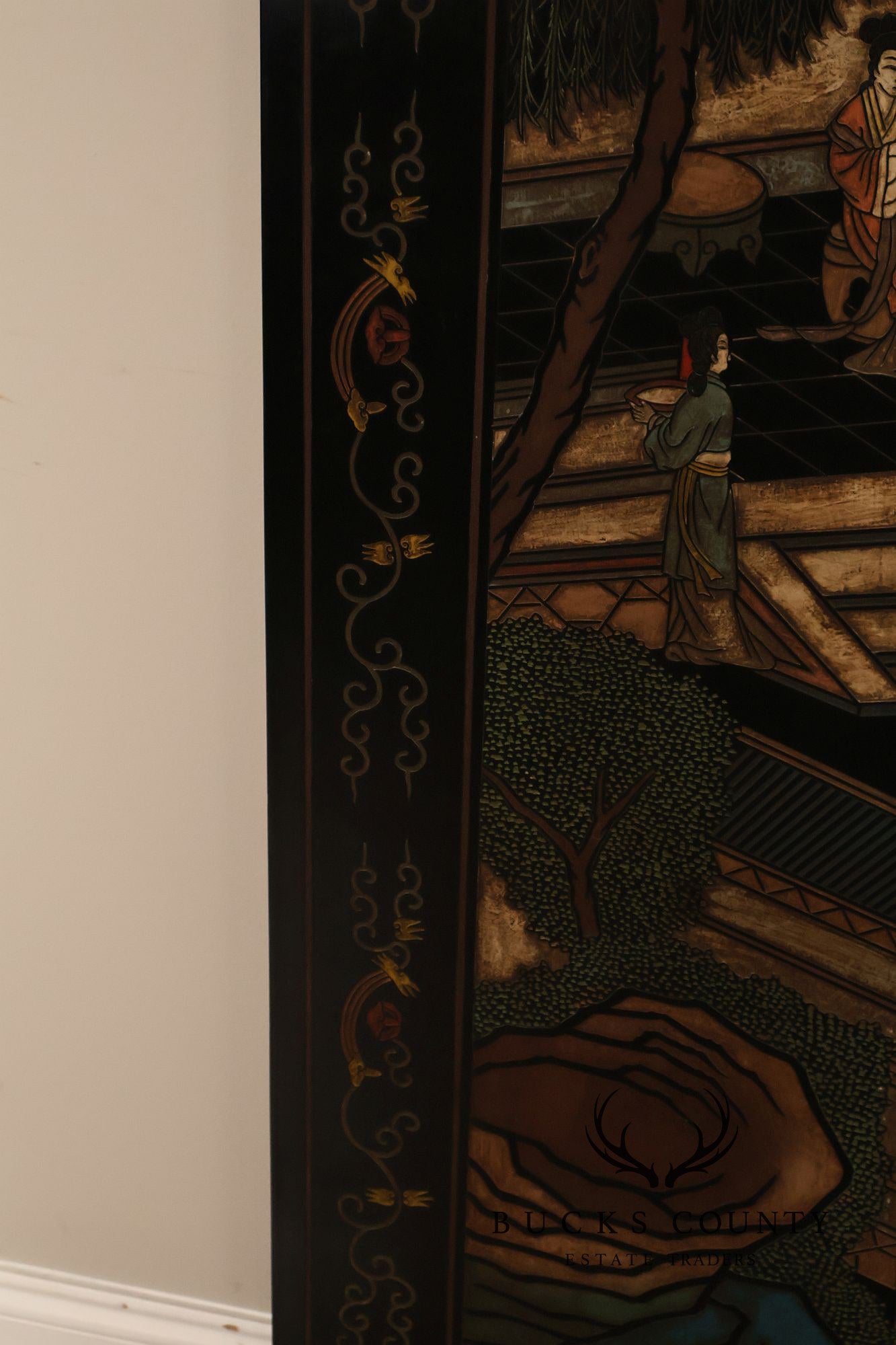 Asian Style Black Vintage Lacquer Six Panel Folding Screen