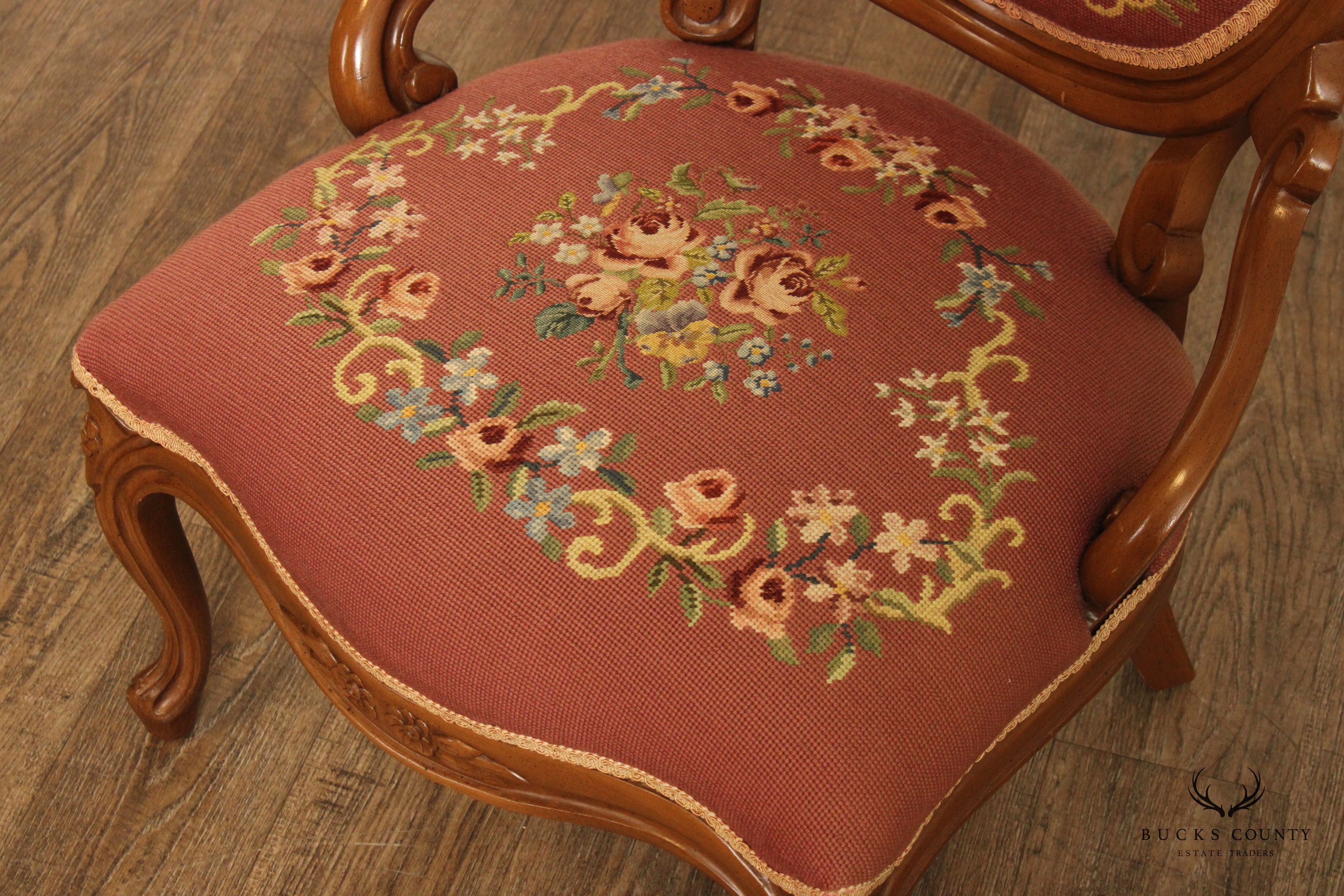 Victorian Pair of Needlepoint Upholstered Parlor Armchairs