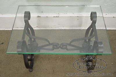 Hollywood Regency Pair Mid-Century Scrolled Iron Lyre Base Glass Top SideTable