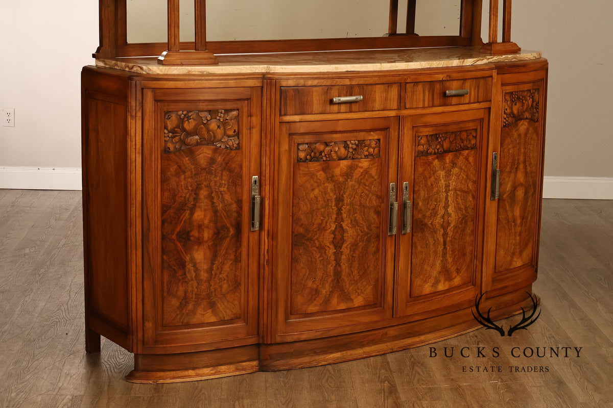 Antique European Art Deco Burl Walnut Marble Top Buffet With Art Nouveau Influence