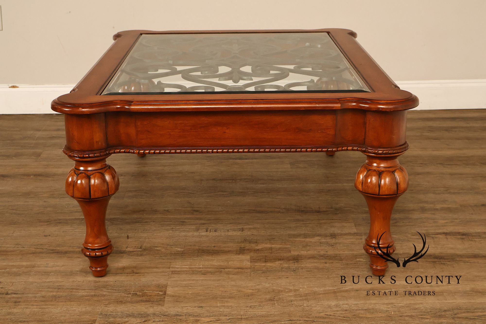 Ethan Allen Tuscany Glass Top Coffee Table With Iron Scroll Base