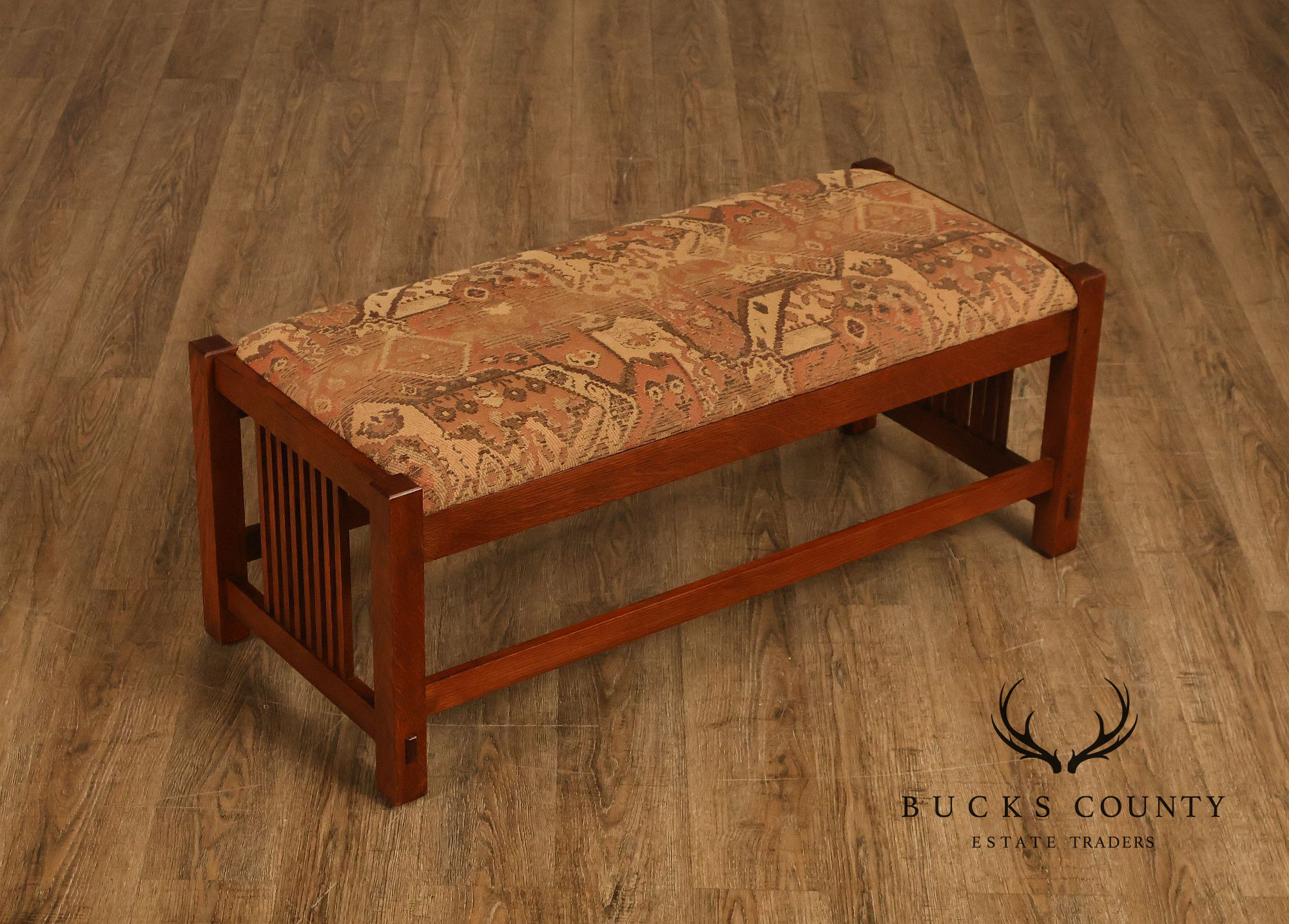 Stickley Mission Collection Oak Spindle Bench With Upholstered Seat