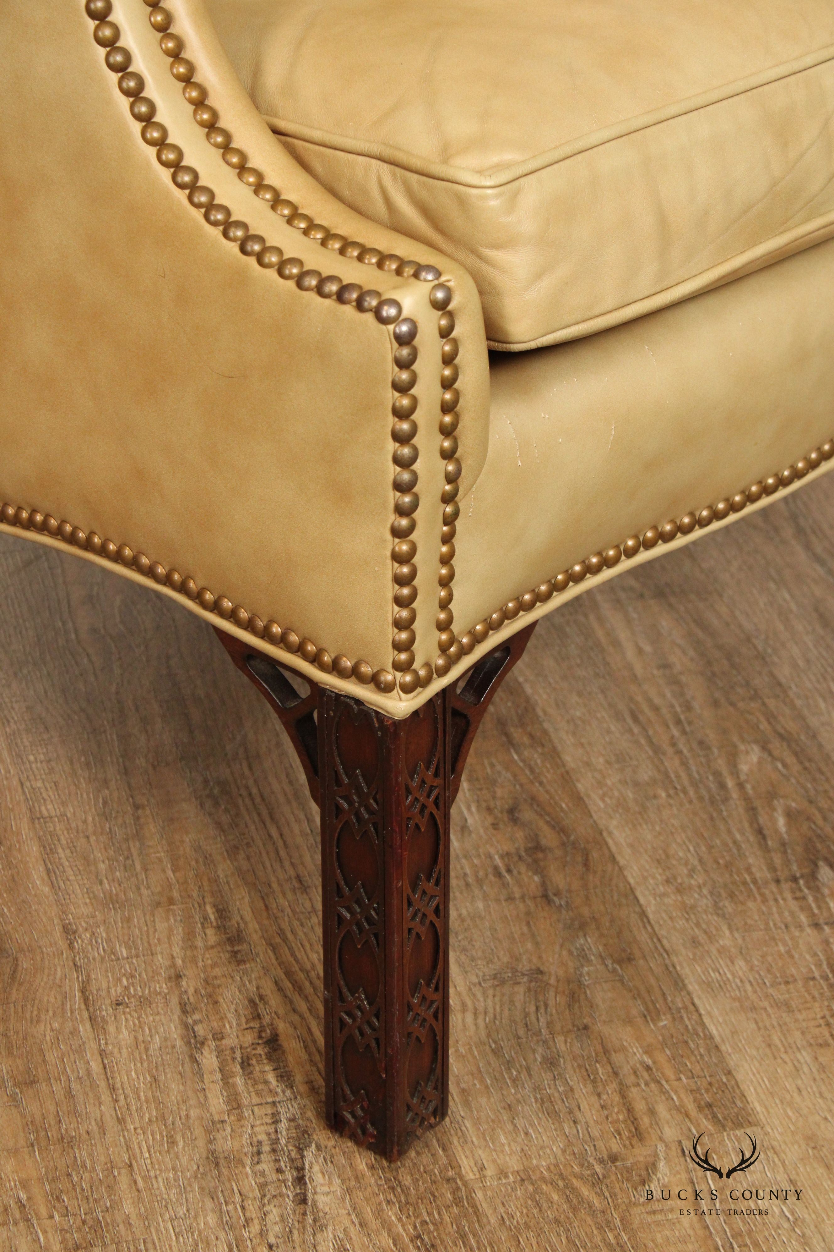 Chippendale Style Tan Leather Wing Chair