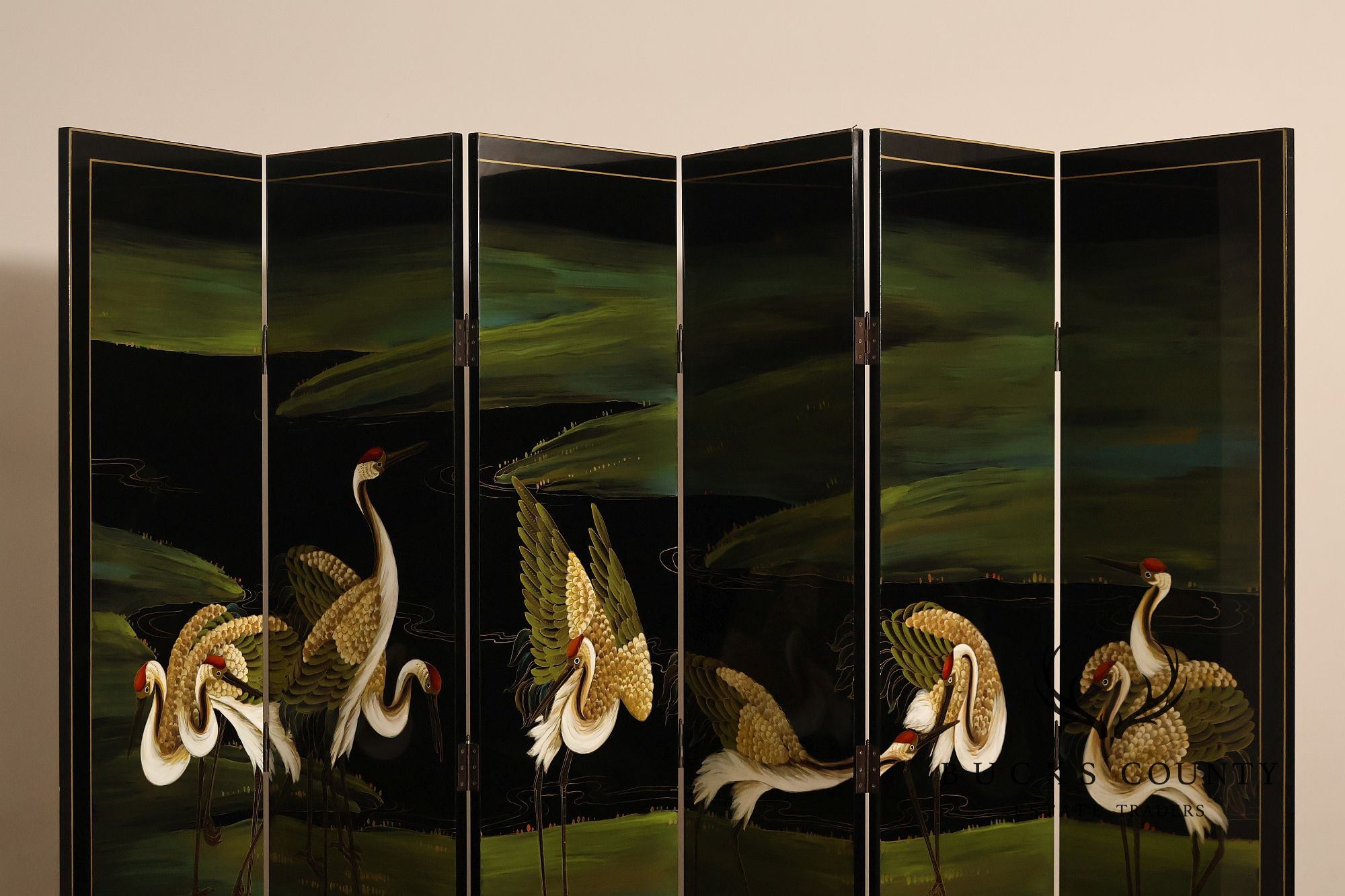 Japanese Style Hand Painted Lacquered Six-Panel Room Divider