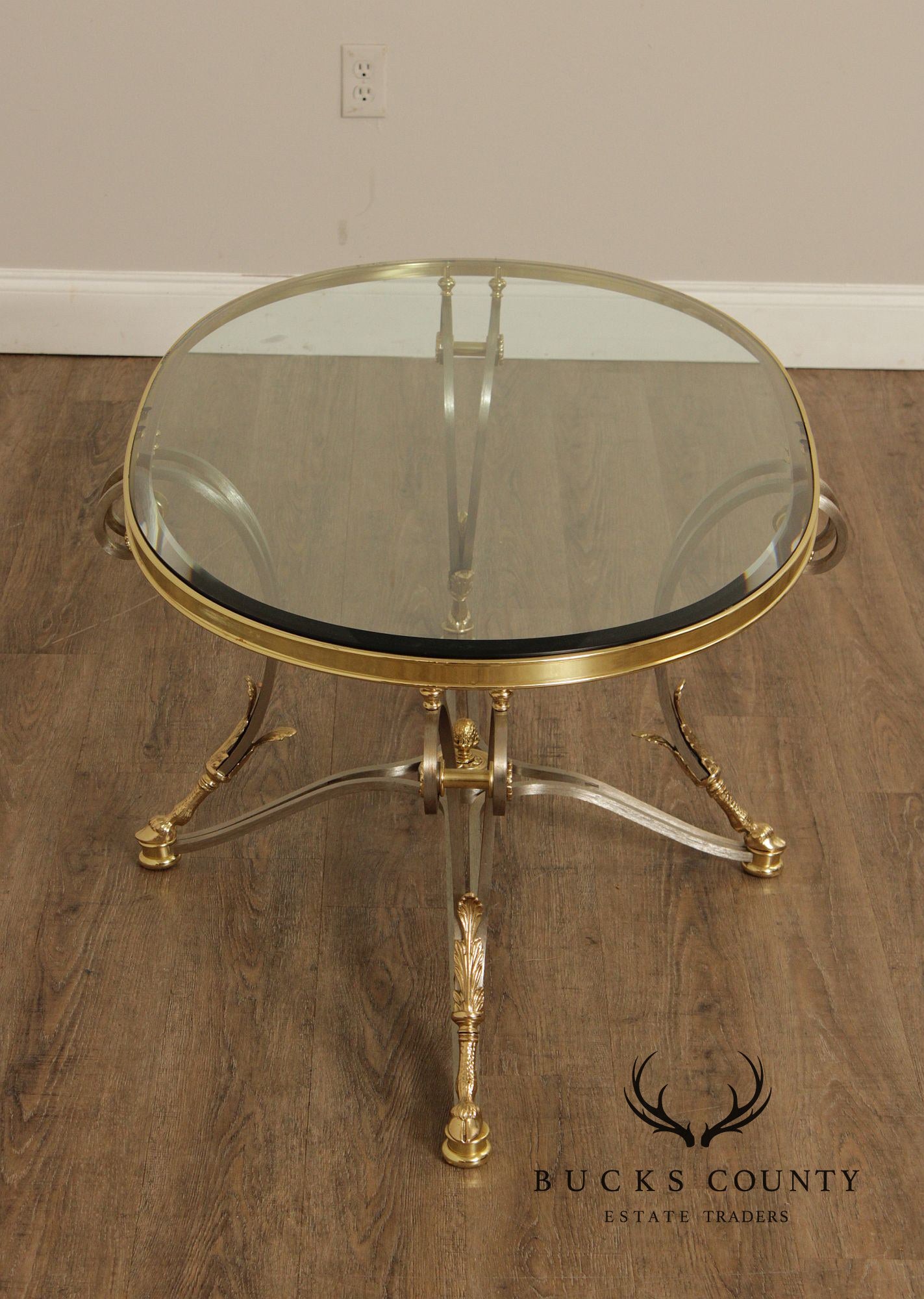 Neoclassical Style Oval Glass Top Coffee Table