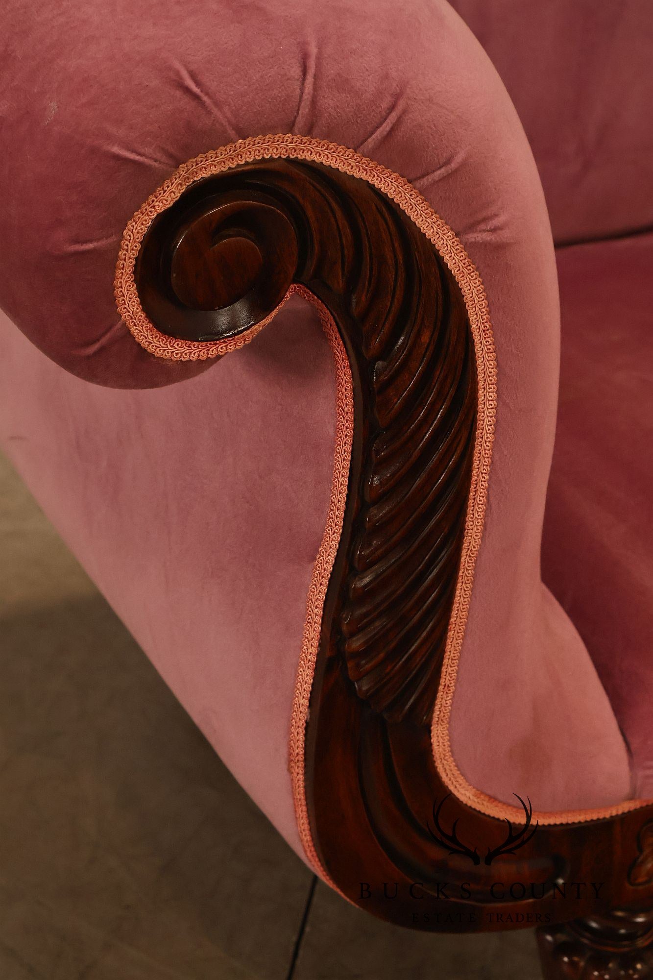 Victorian Style Mahogany Carved Wood Framed Pink Velour Upholstered Sofa