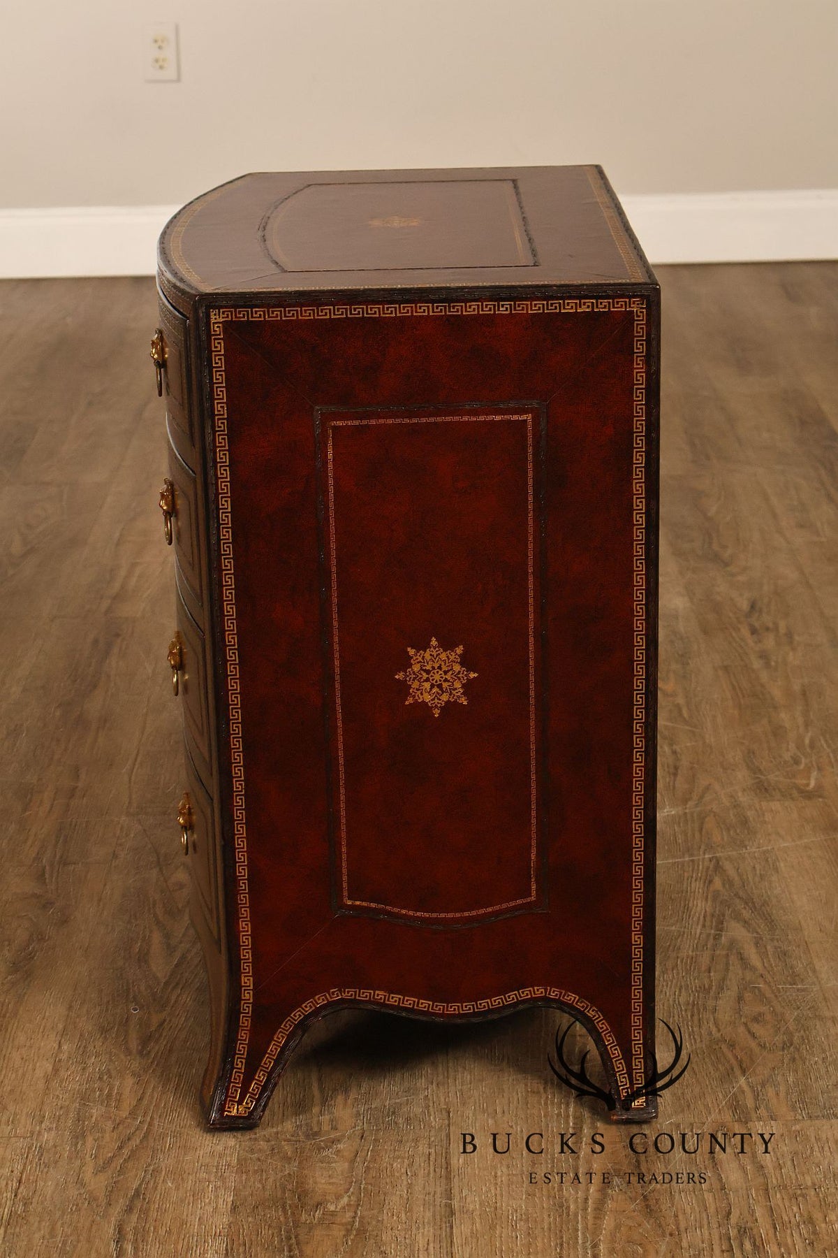 Maitland-Smith Neoclassical Leather Wrapped Bow Front Bedside Chest