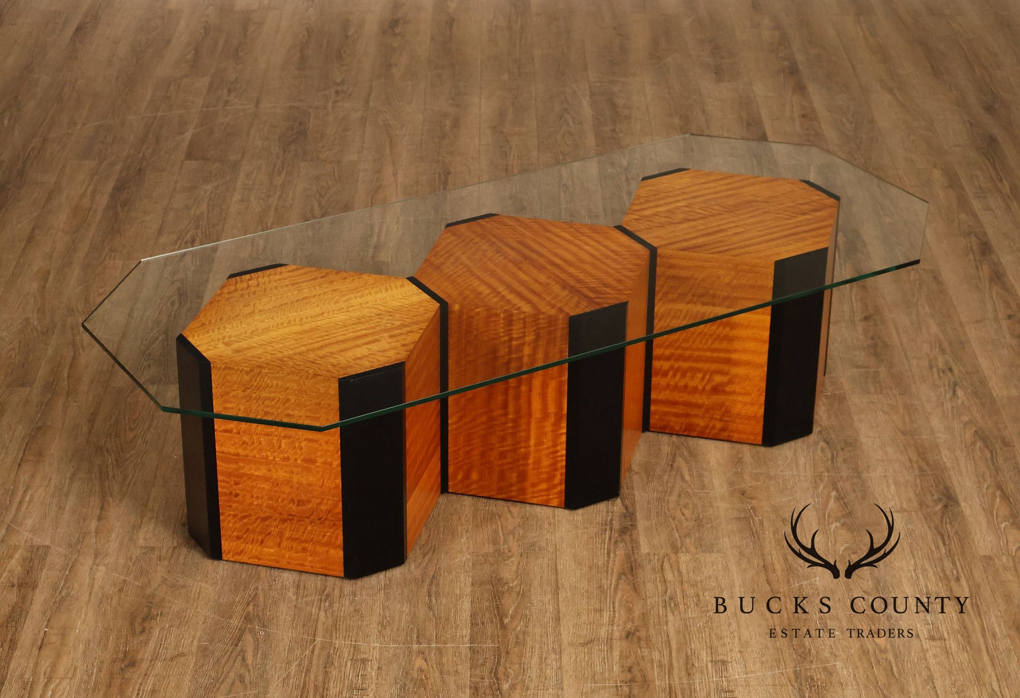 Honeycomb Style Glass Top Coffee Table With Figured Wood Base