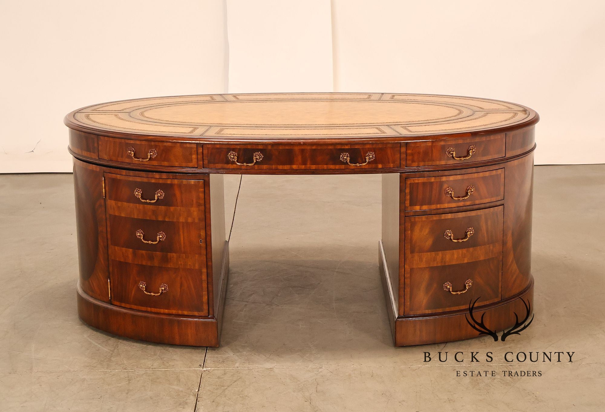 Maitland Smith Oval Mahogany Leather Top Executive Partner's Desk