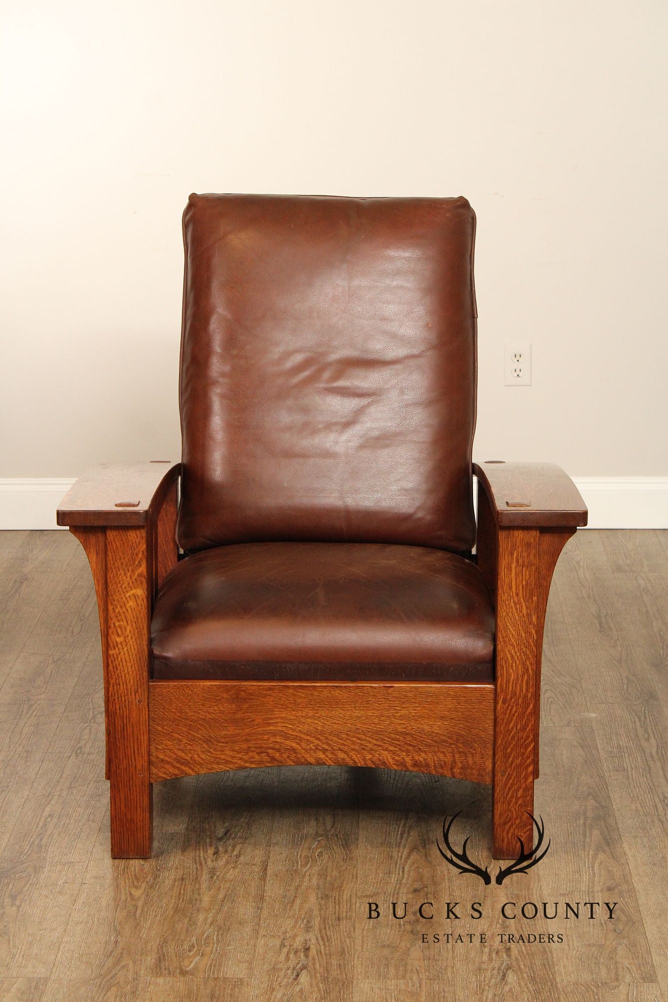 Stickley Mission Collection Oak and Leather Bow Arm Morris Chair