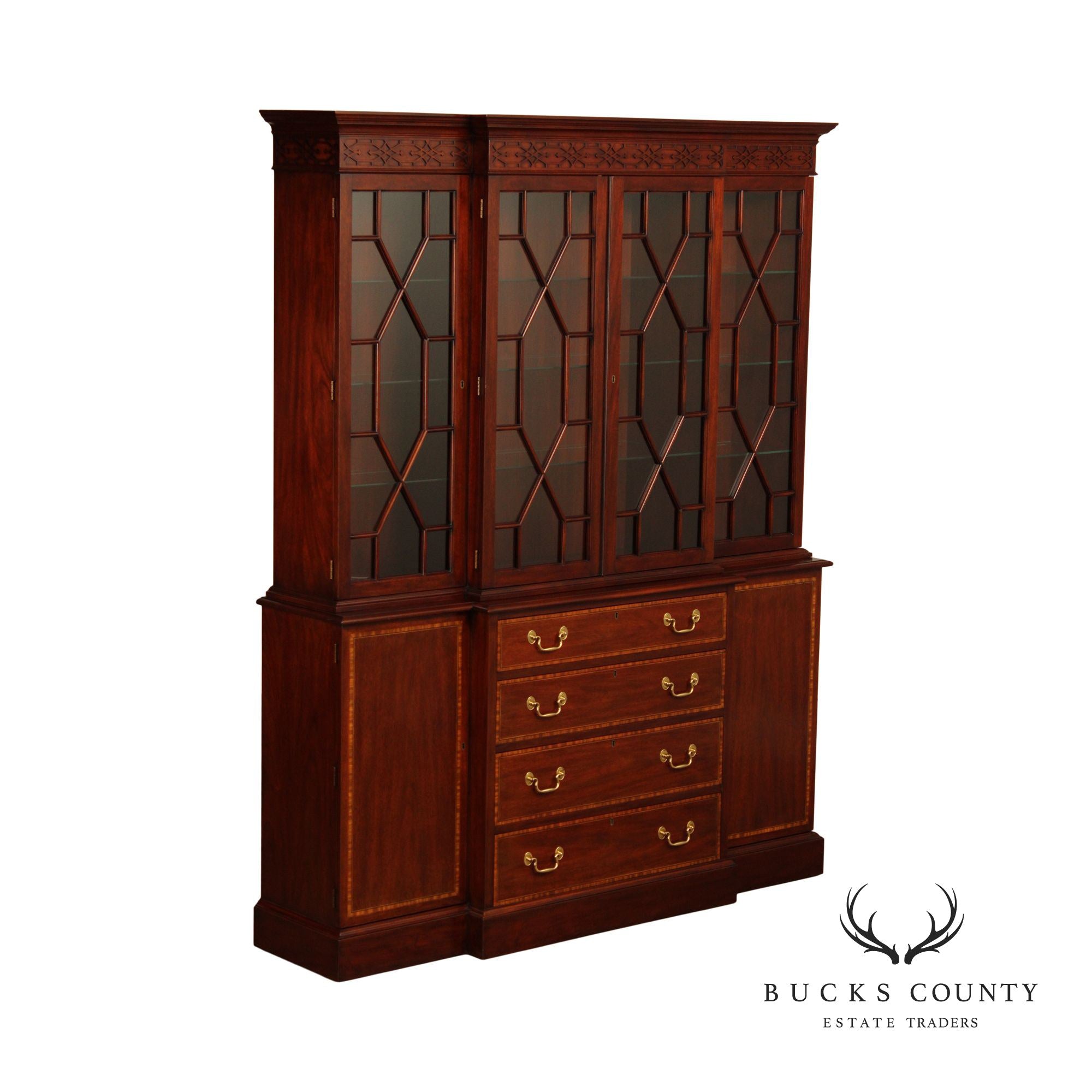 Henkel Harris Georgian Style Inlaid Mahogany Breakfront Bookcase