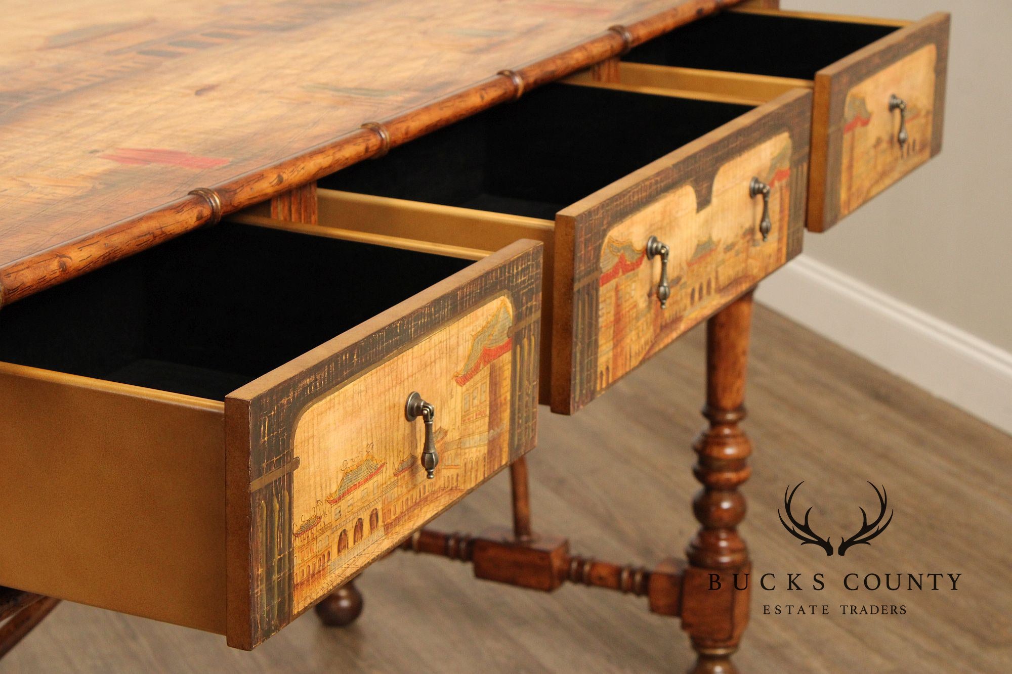 Chinoiserie Decorated Large Three Drawer Console Sideboard