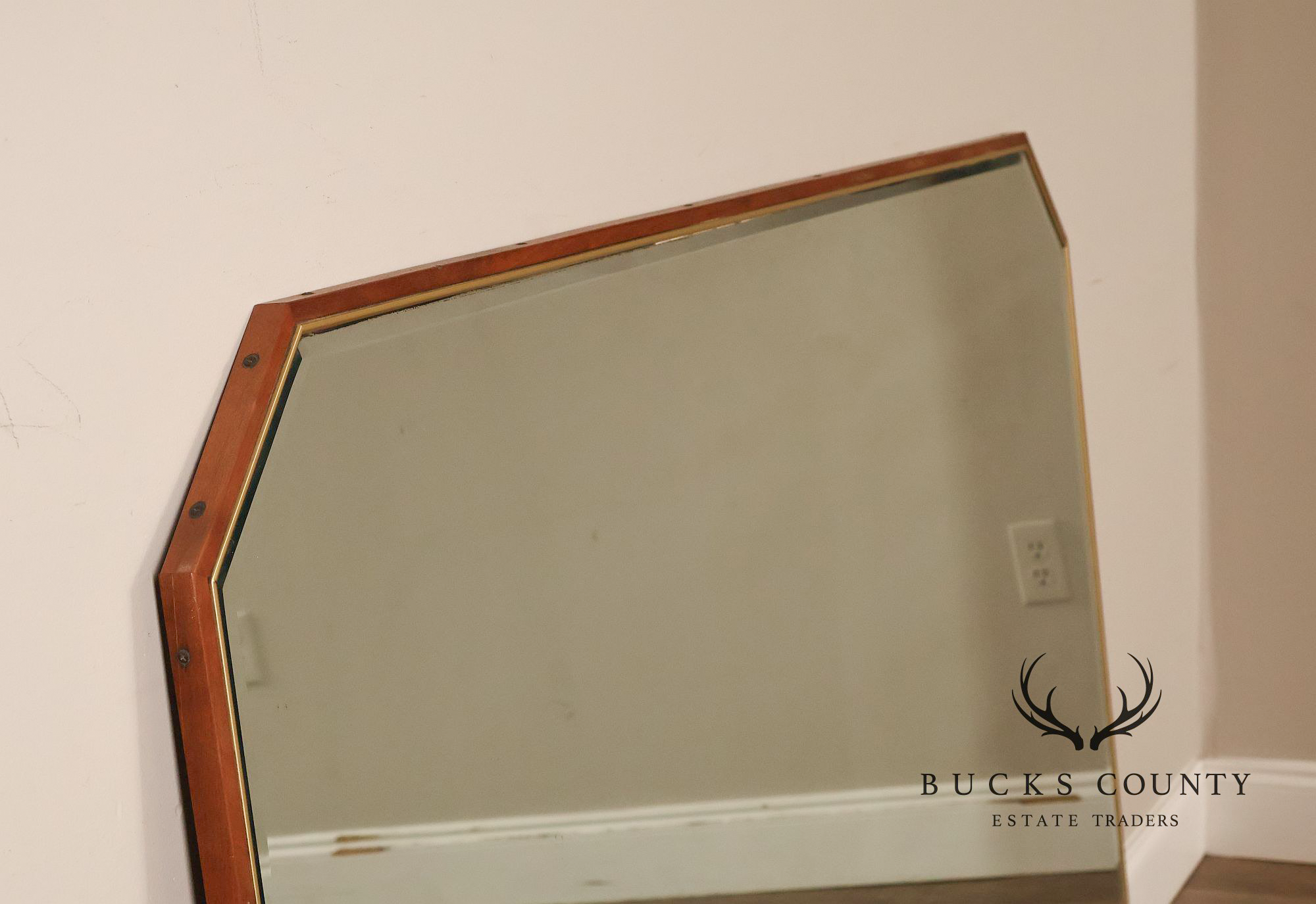 Mid Century Modern Walnut Frame Large Octagonal Wall Mirror