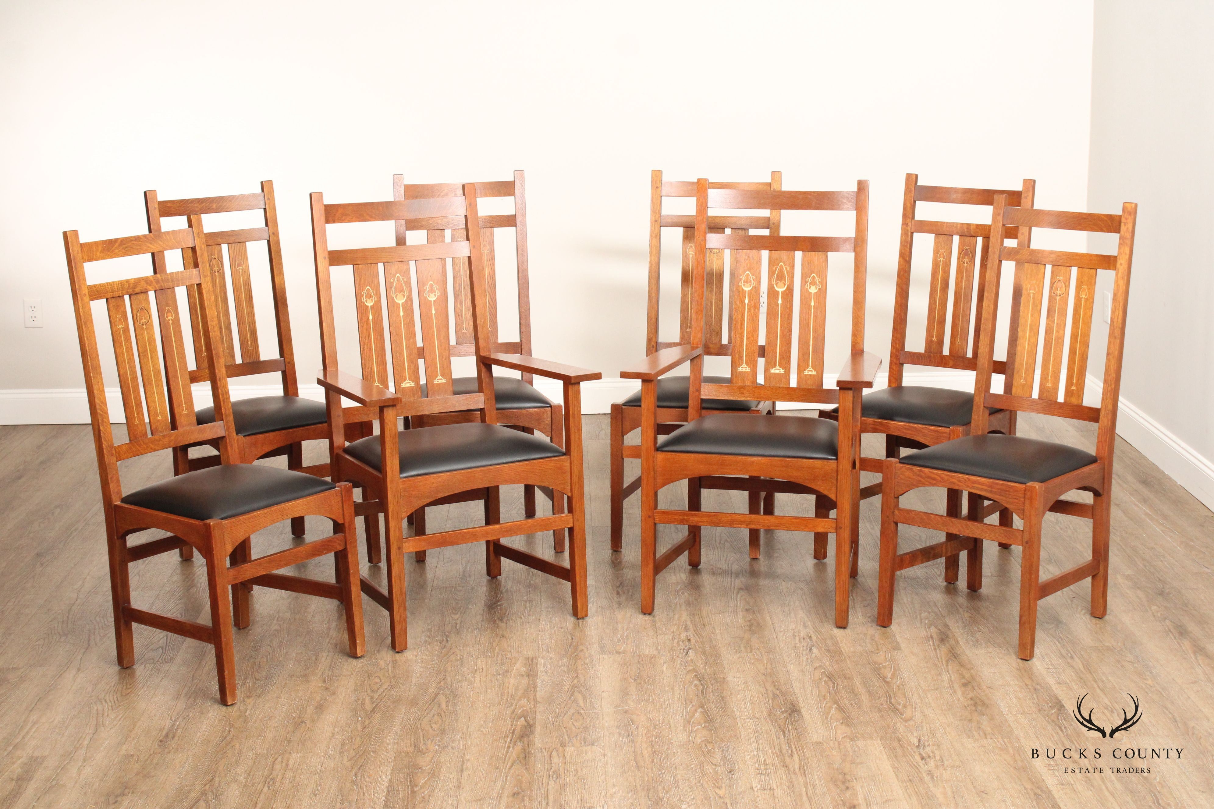 Stickley Mission Collection Harvey Ellis Set of Eight Inlaid Oak Dining Chairs