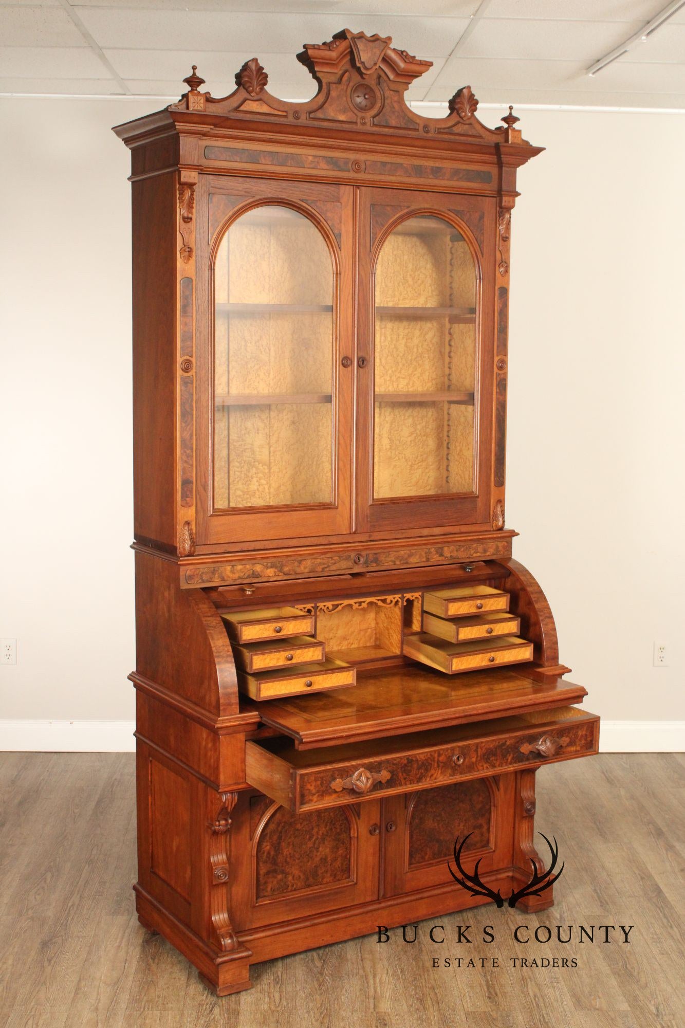 Antique American Renaissance Revival Walnut Secretary Cylinder Desk