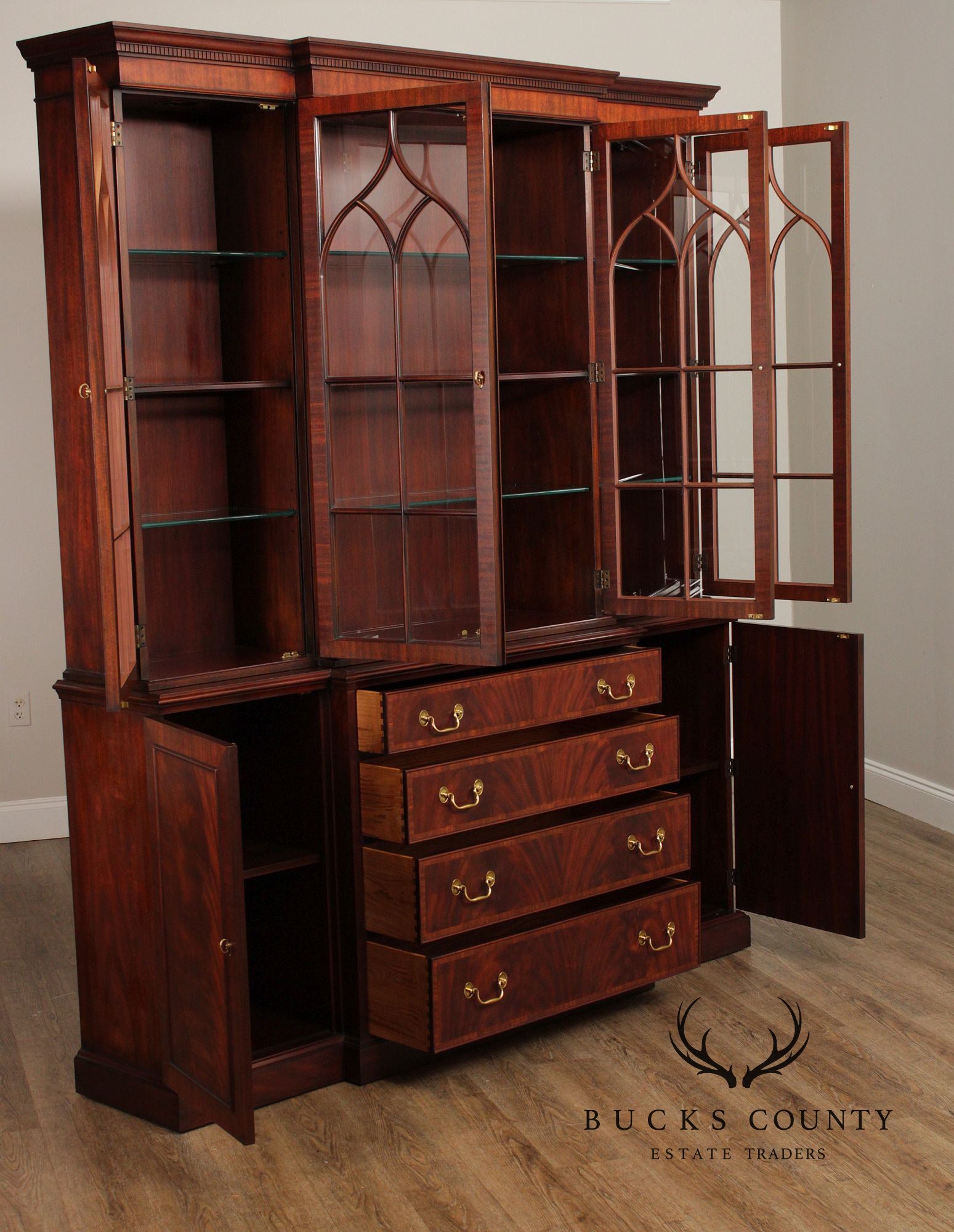 Henkel Harris Georgian Style Mahogany Breakfront Bookcase