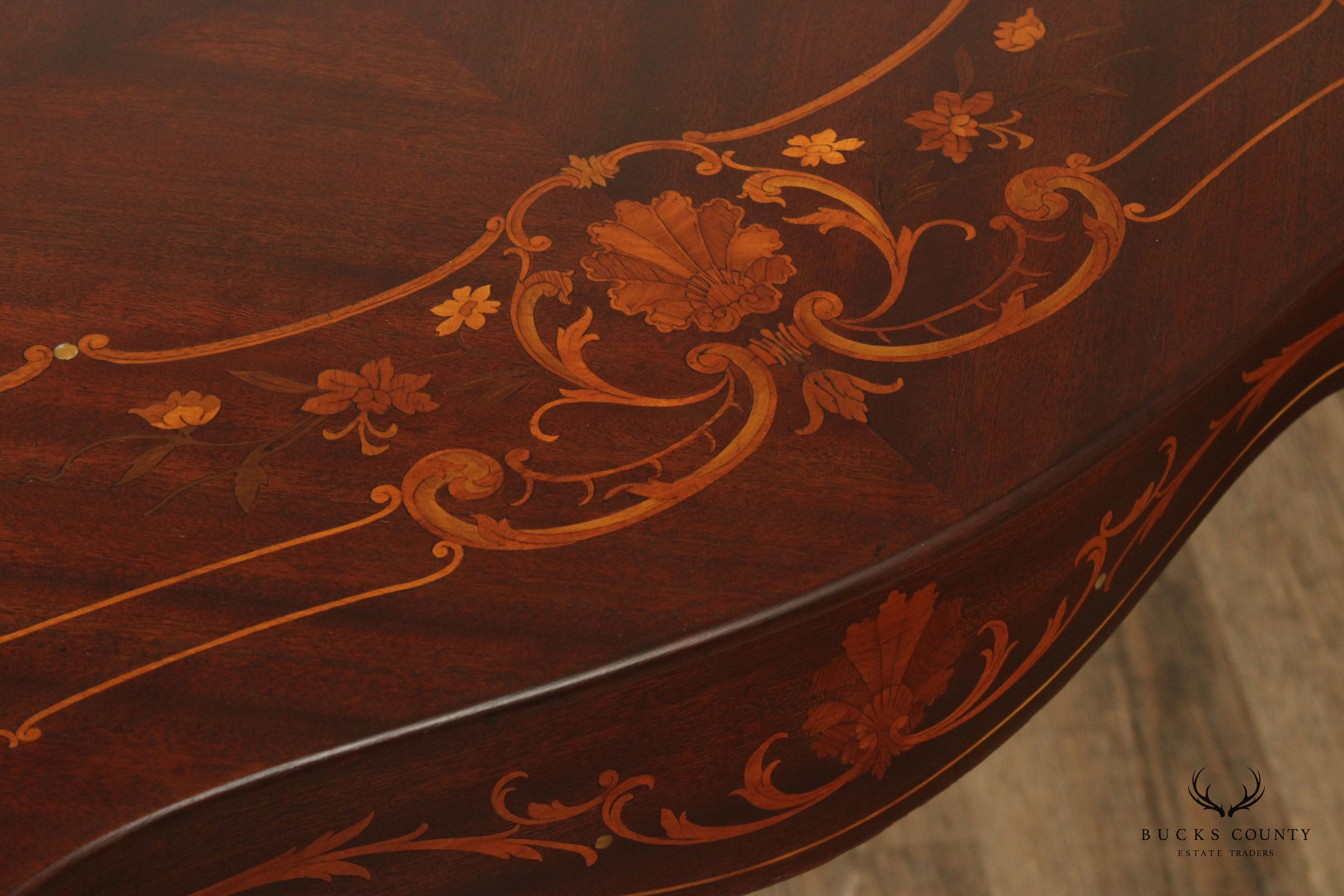 Antique Inlaid Mahogany Center Table With Floral Marquetry And Mother Of Pearl Accents