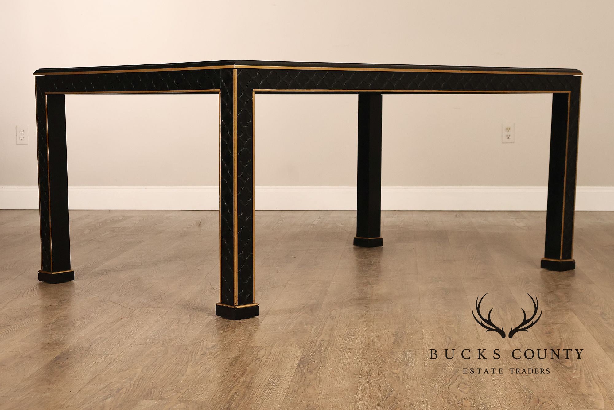 Chinese Chippendale Black Lacquered Dining Table With Two Leaves, Inset Glass