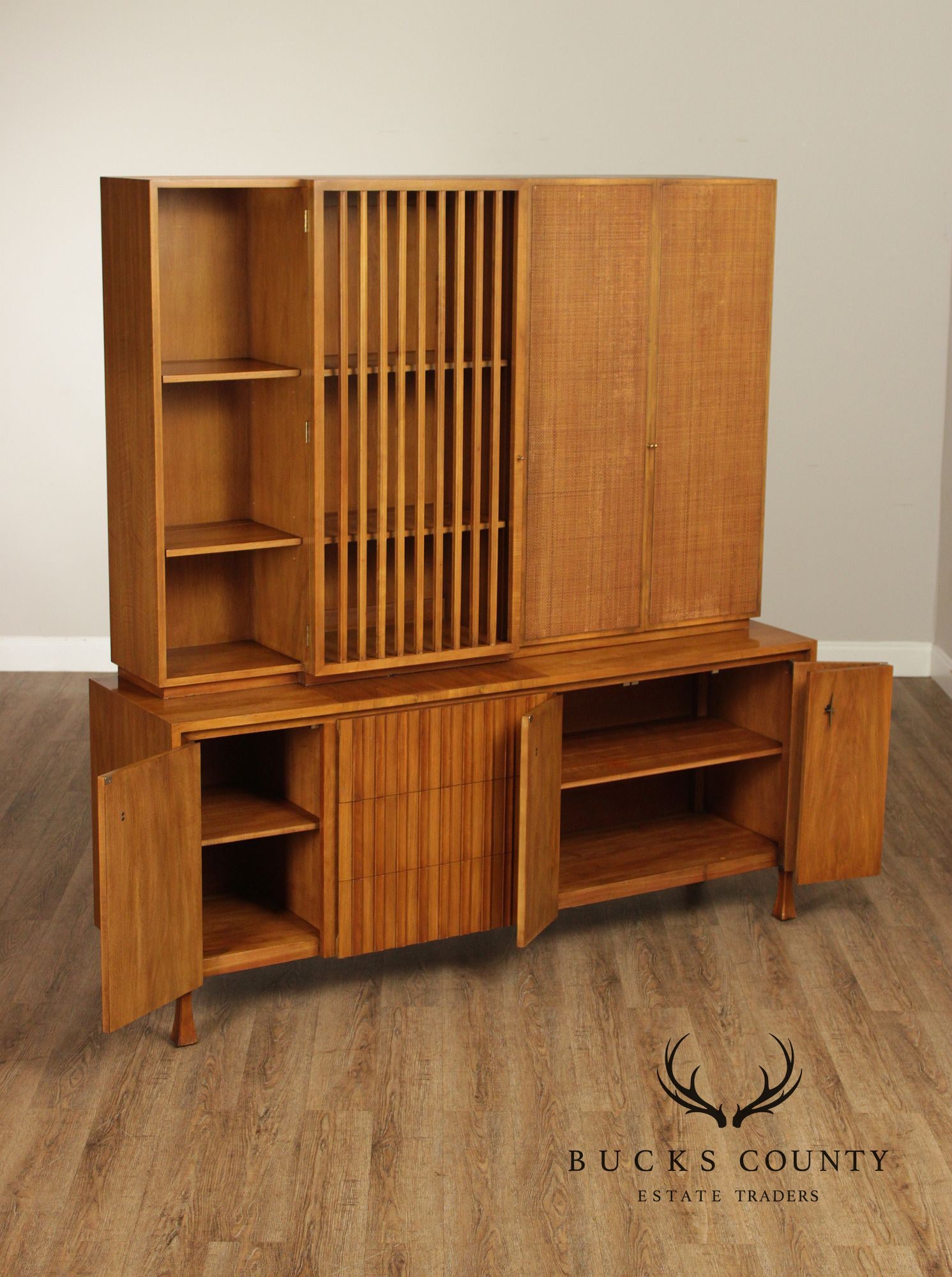 John Widdicomb Mid-Century Modern Walnut Credenza Bookcase Cabinet