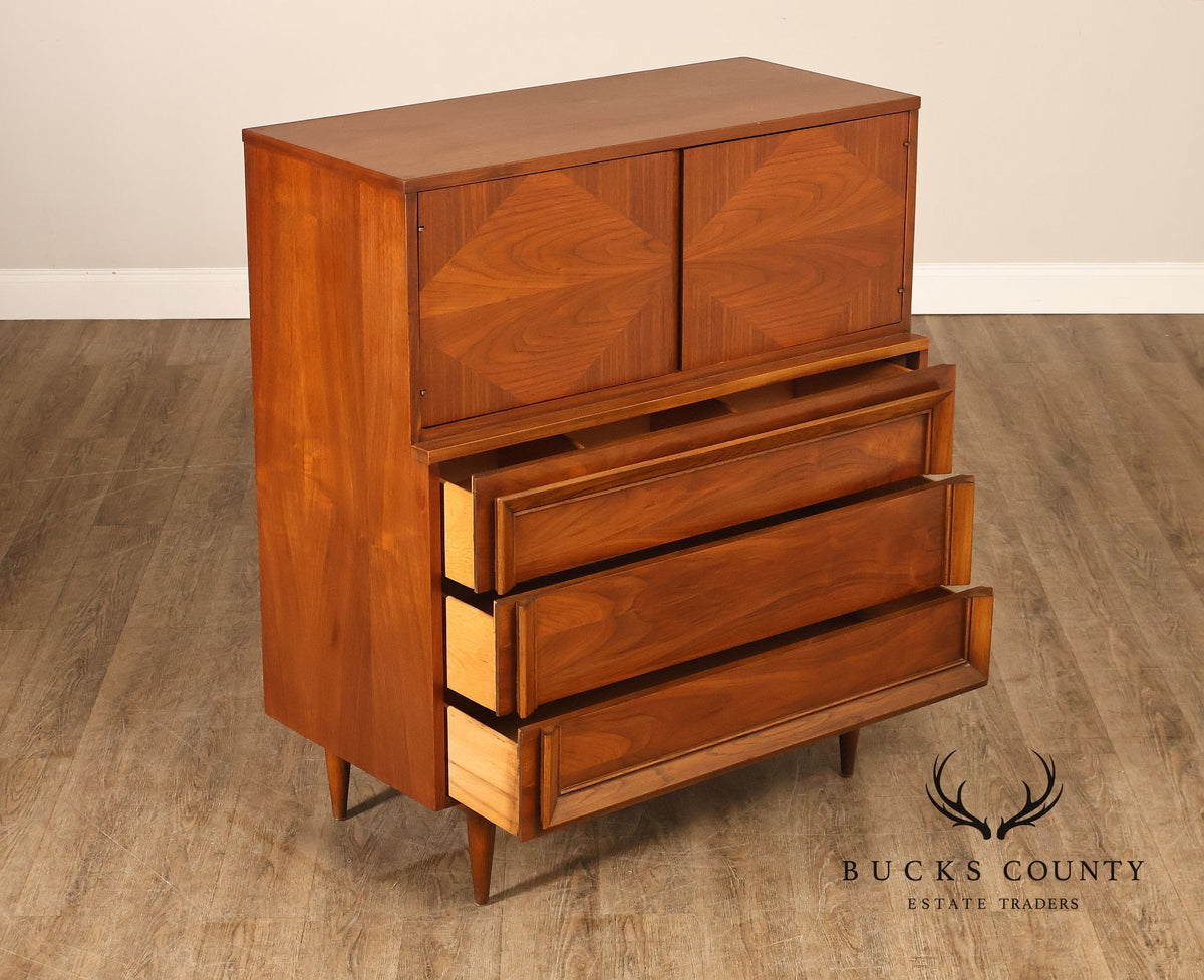 Mid Century Modern Walnut Gentleman’s Chest With Cabinet And Drawers By Basic Witz