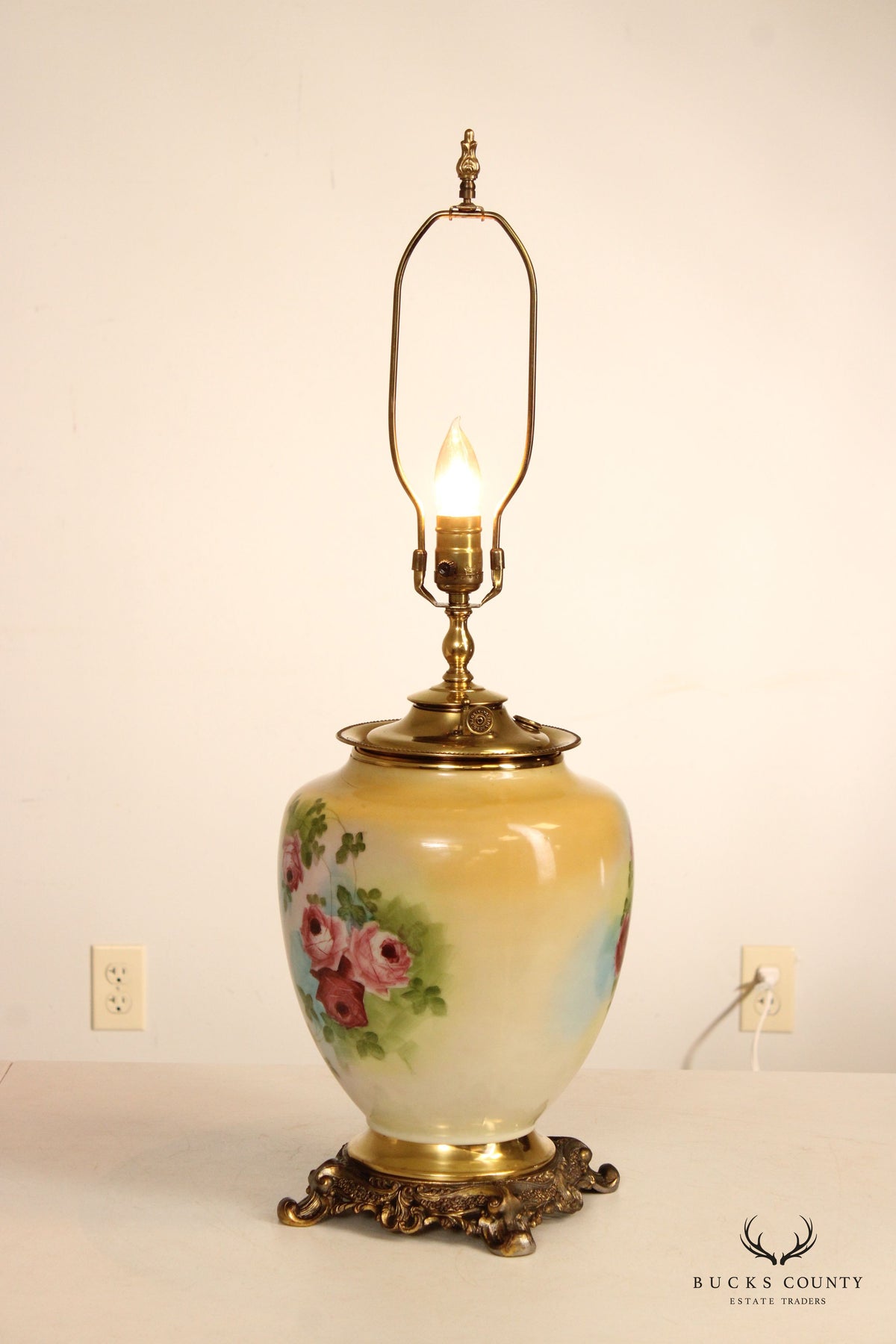 French Style Painted Porcelain and Brass Table Lamp