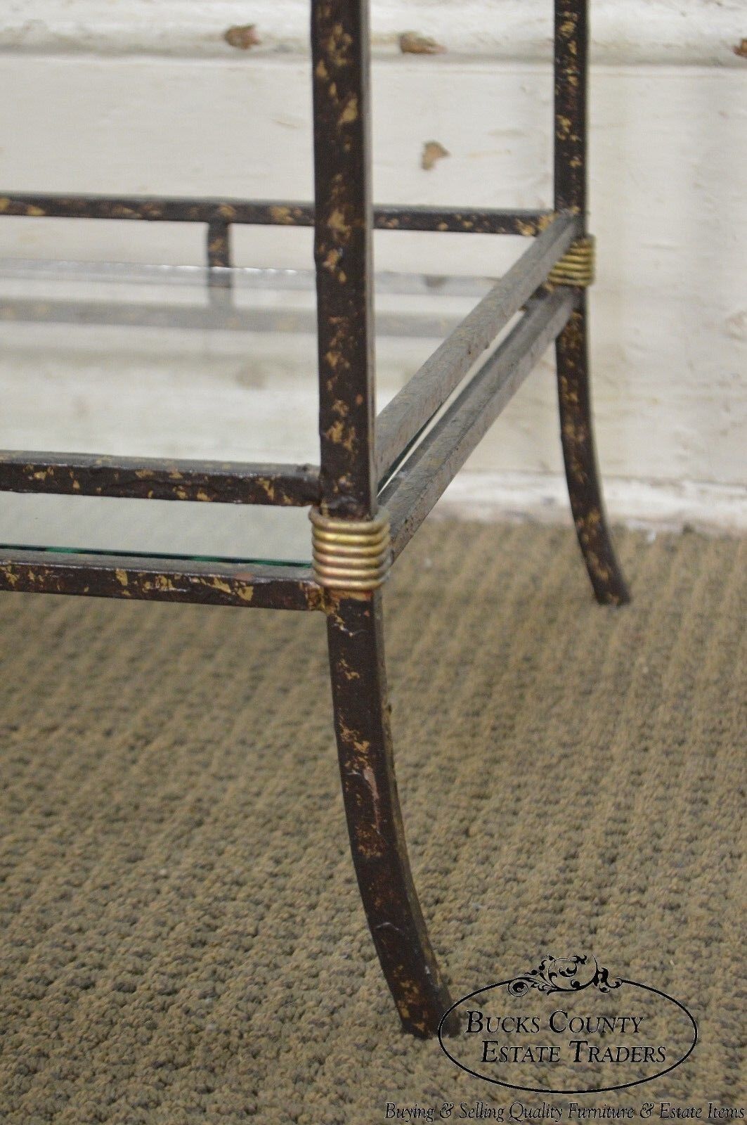 Quality Wrought Iron Glass & Brass 2 Tier Side Table Stand