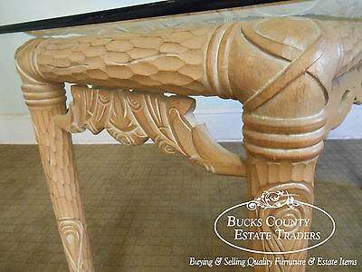 Carved Naturalistic Solid Maple Glass Top Sofa Table