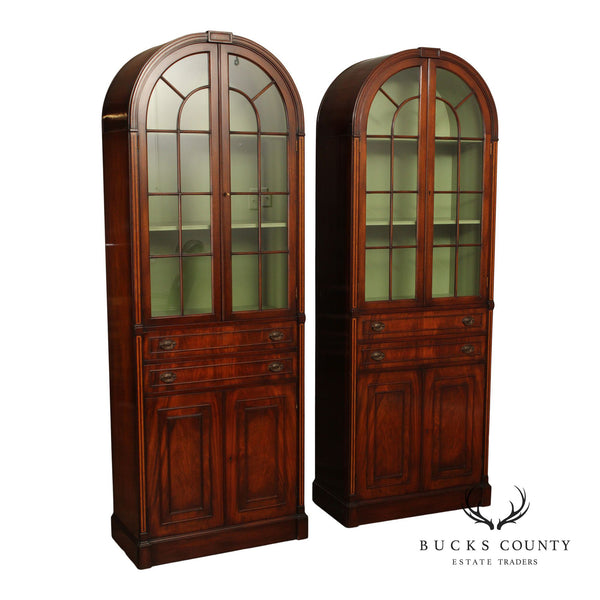 English Regency Style Pair of Mahogany Arched Glass Door Bookcases