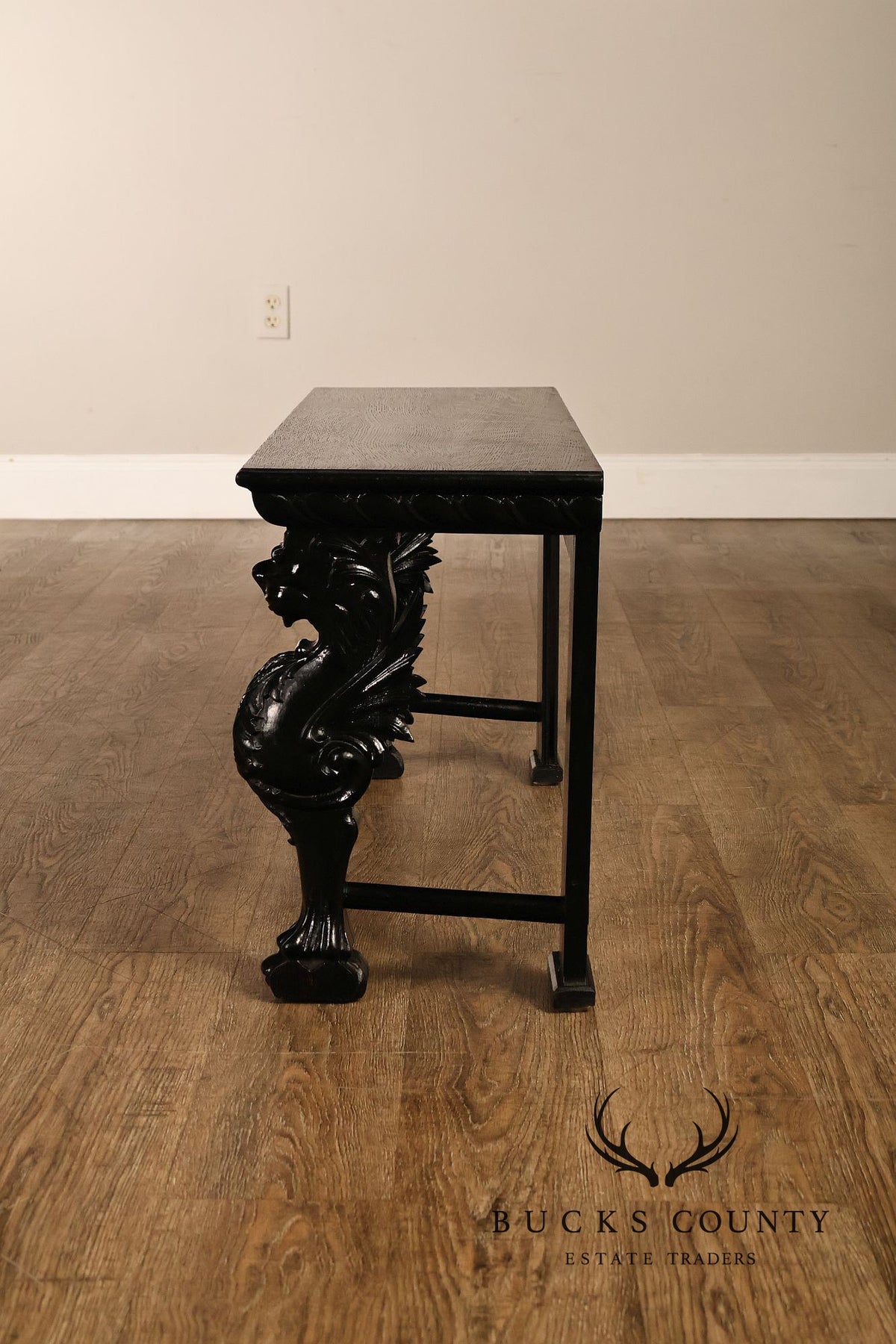 Antique Renaissance Revival Ebonized Oak Carved Griffin Bench