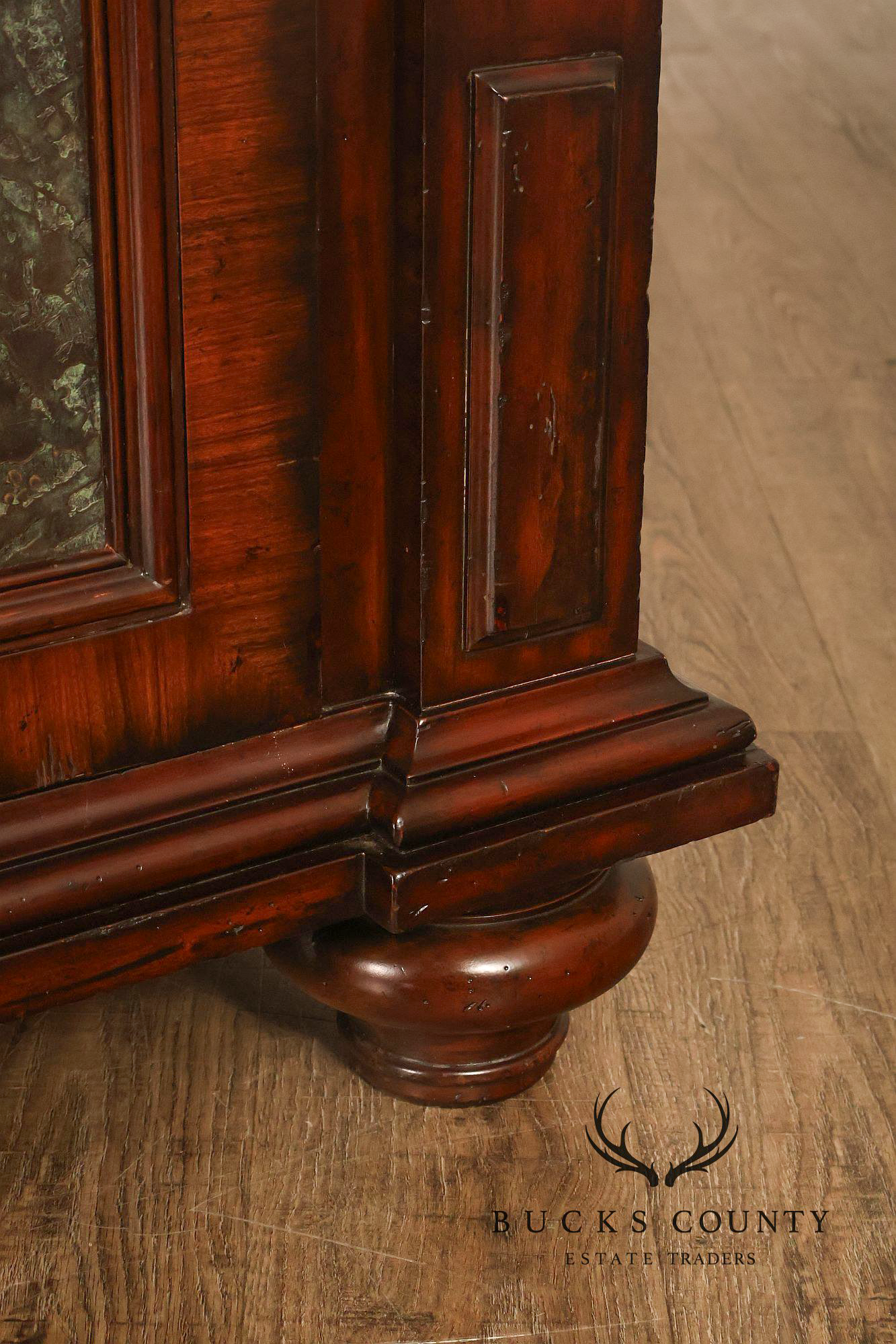 Maitland-Smith Large Mahogany Armoire Cabinet With Bronze Scrollwork Finials And Raised Panel Doors