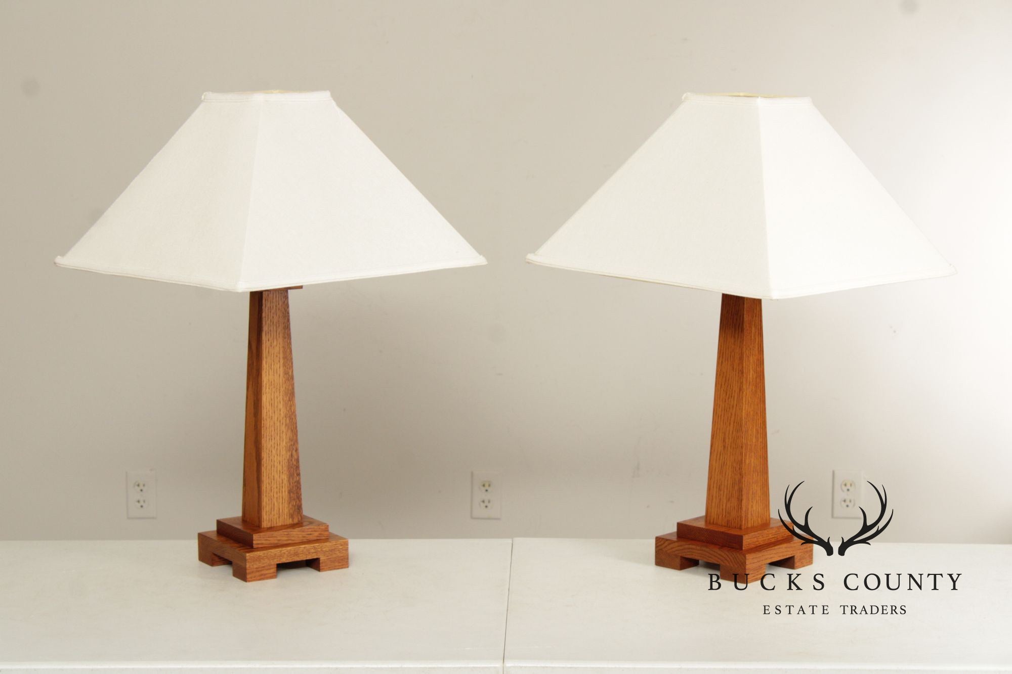 Mission Style Pair of Oak Table Lamps